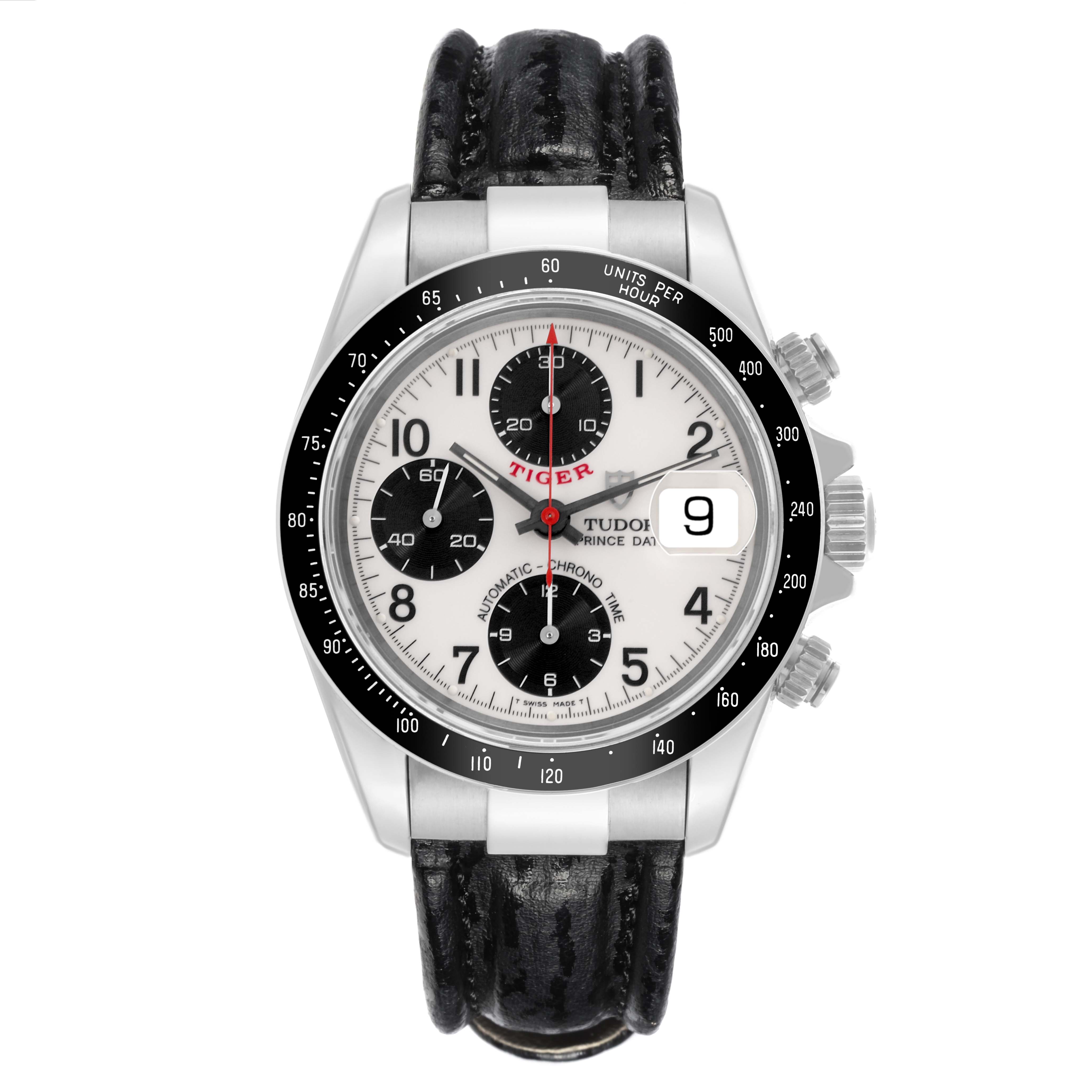 The Tudor Tiger 79260 Men's Stainless Steel White Dial 79260 Men's Stainless Steel White Dial watch model is shown from a front angle, displaying the dial, bezel, crown, and chronograph sub-dials.