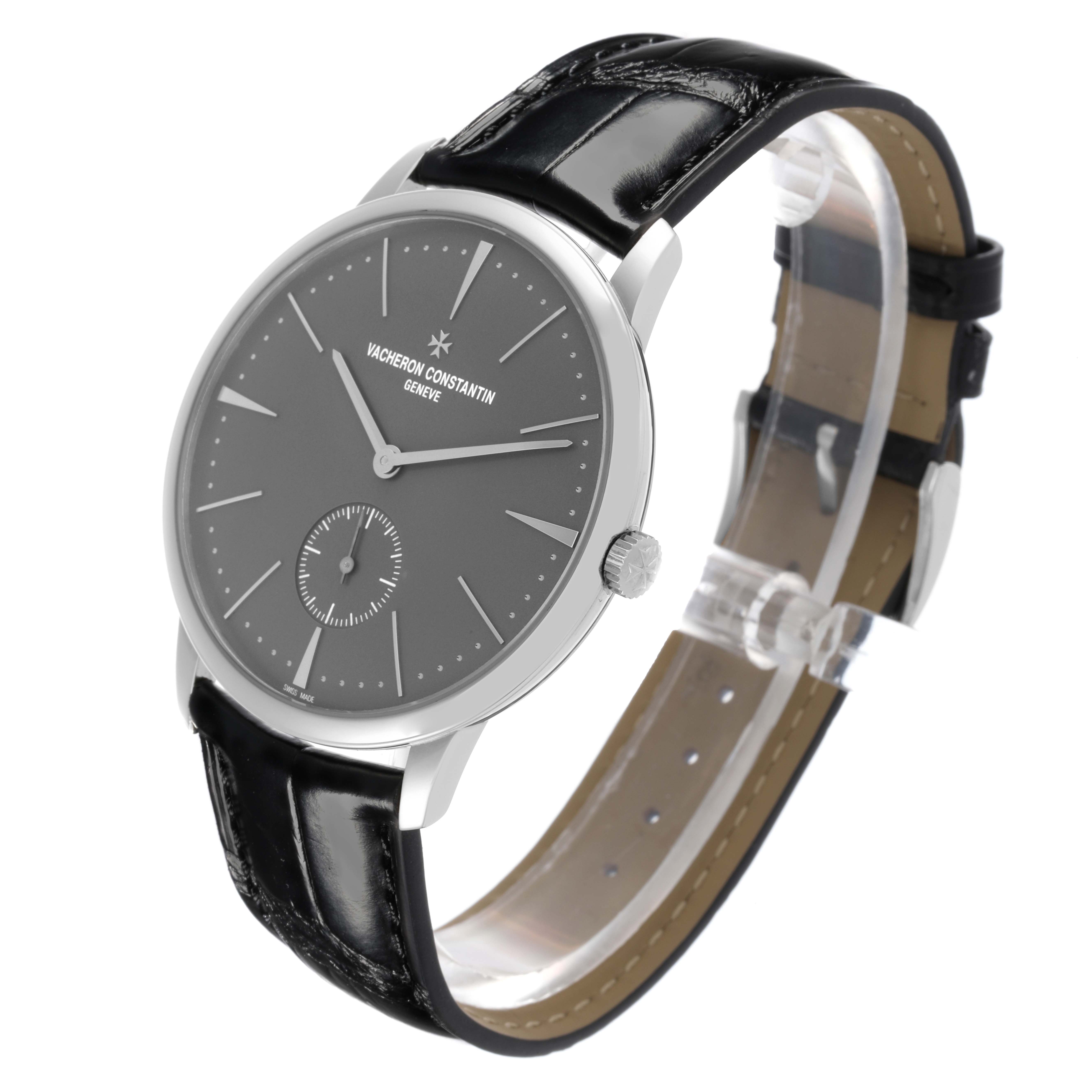 The Vacheron Constantin Patrimony 1110U/000P-B087 Men's Platinum Grey Dial 1110U/000P-B087 Men's Platinum Grey Dial watch is shown at a slight three-quarter angle, highlighting the dial, crown, and leather strap.