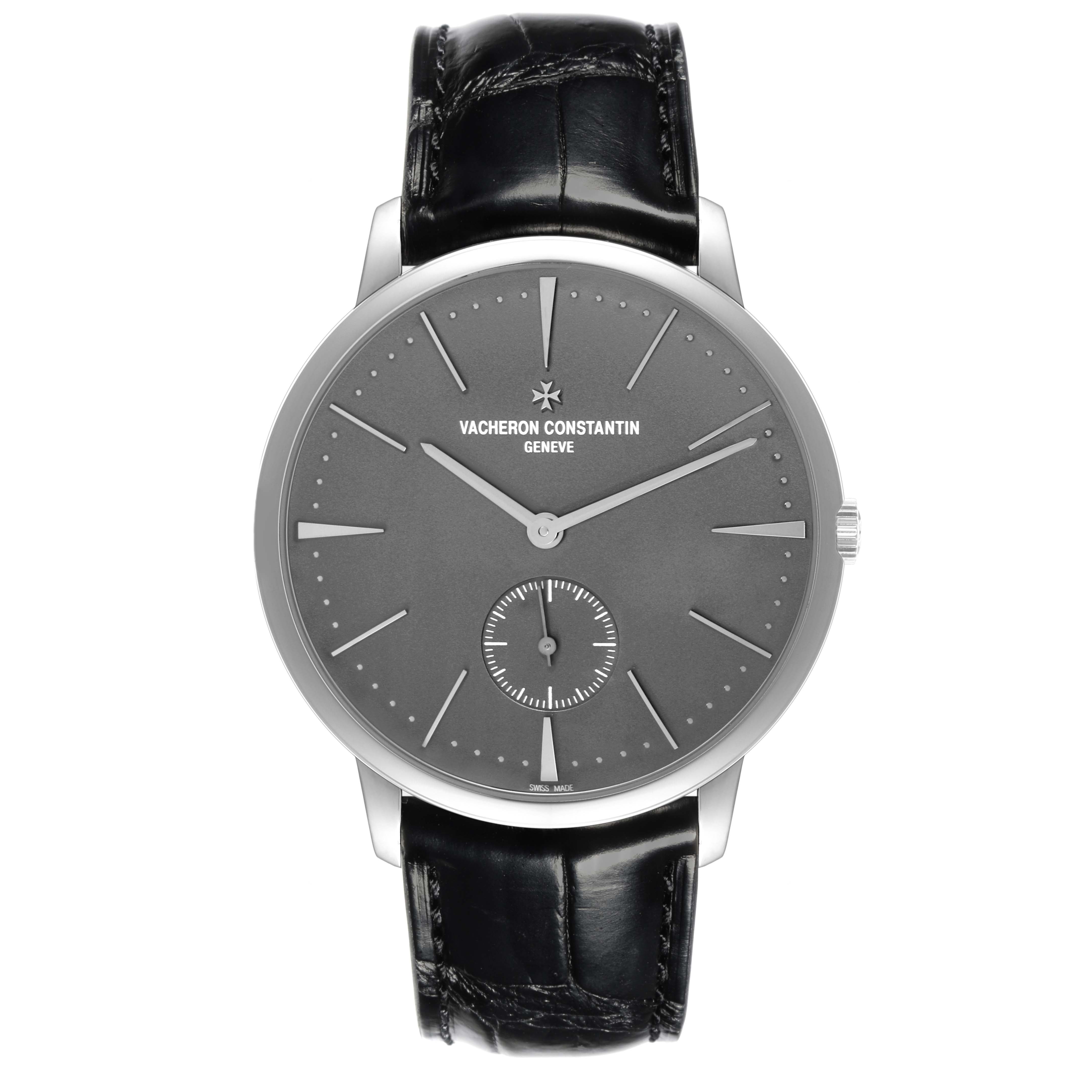 The image shows a front view of the Vacheron Constantin Patrimony 1110U/000P-B087 Men's Platinum Grey Dial 1110U/000P-B087 Men's Platinum Grey Dial watch, highlighting the dial, hands, and strap.