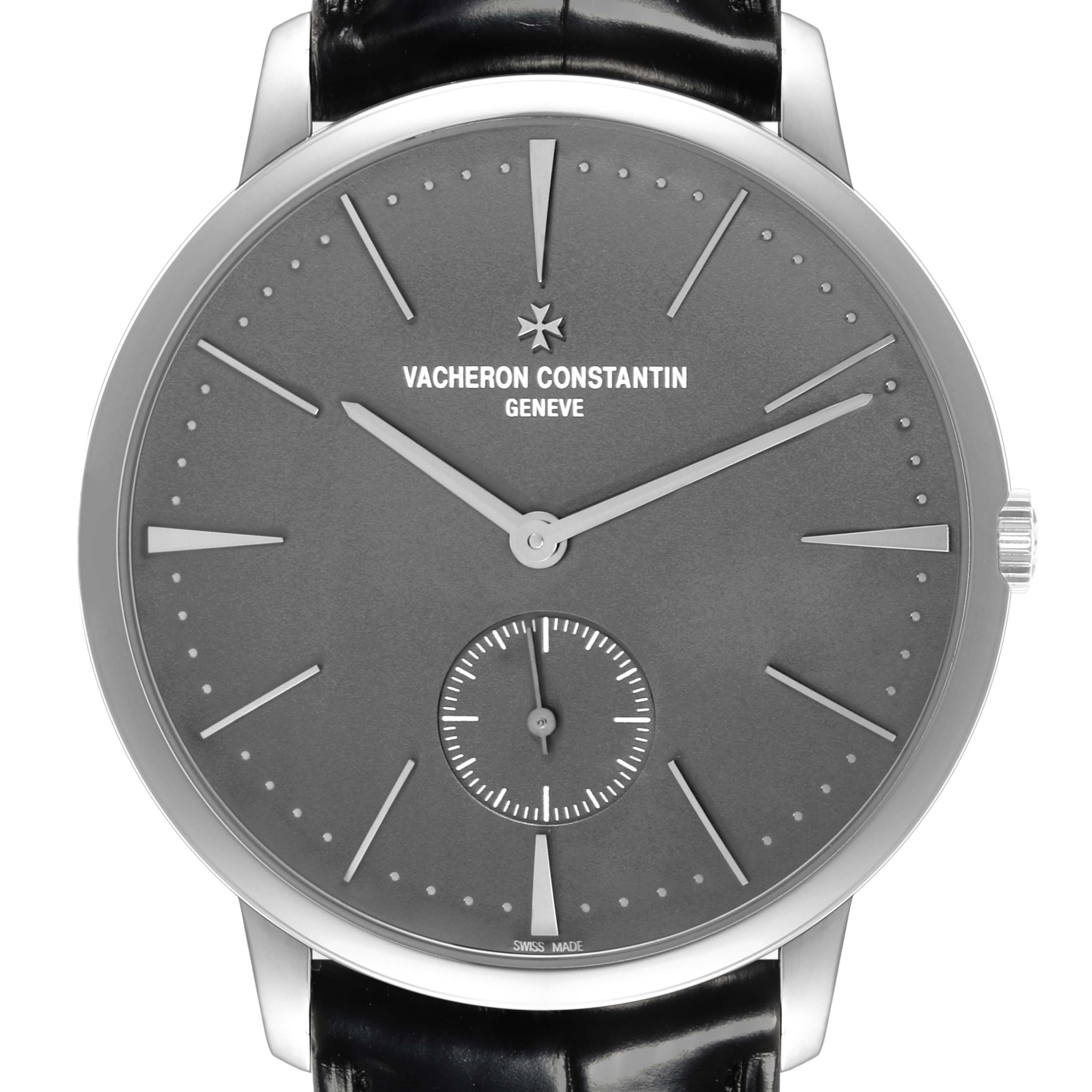 This Vacheron Constantin Patrimony 1110U/000P-B087 Men's Platinum Grey Dial 1110U/000P-B087 Men's Platinum Grey Dial watch is shown from a front angle, displaying the dial, hands, and crown.