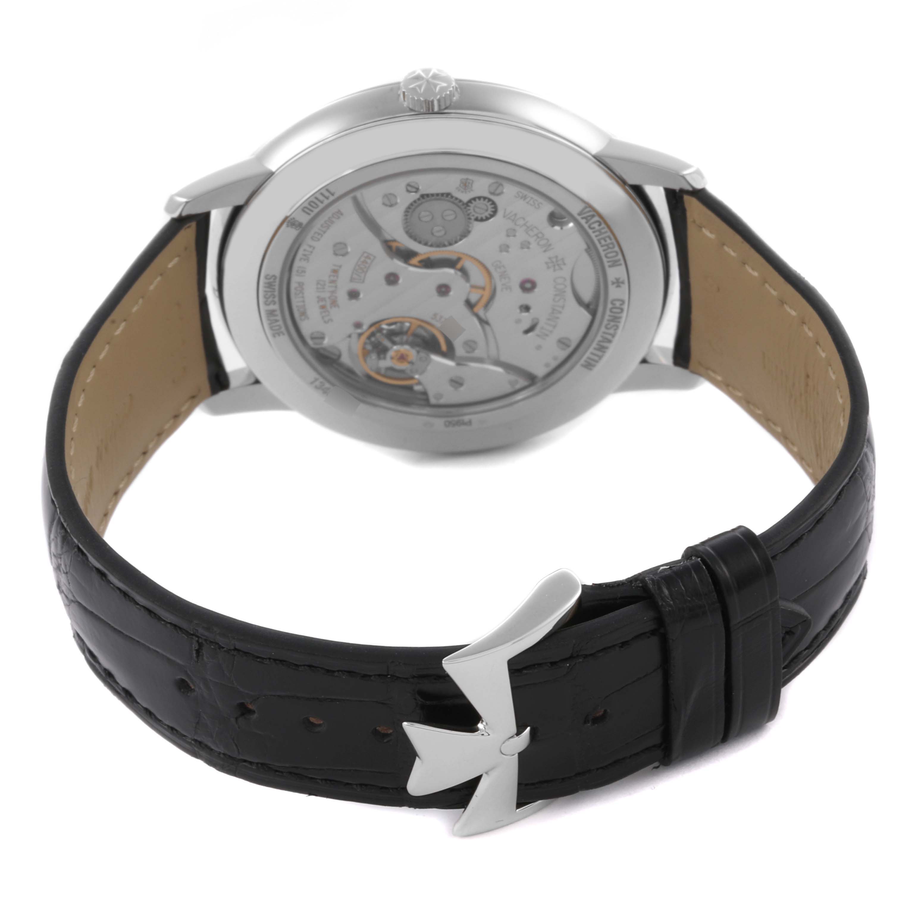 The image shows the back and strap of a Vacheron Constantin Patrimony 1110U/000P-B087 Men's Platinum Grey Dial 1110U/000P-B087 Men's Platinum Grey Dial watch, highlighting the mechanical movement and clasp.