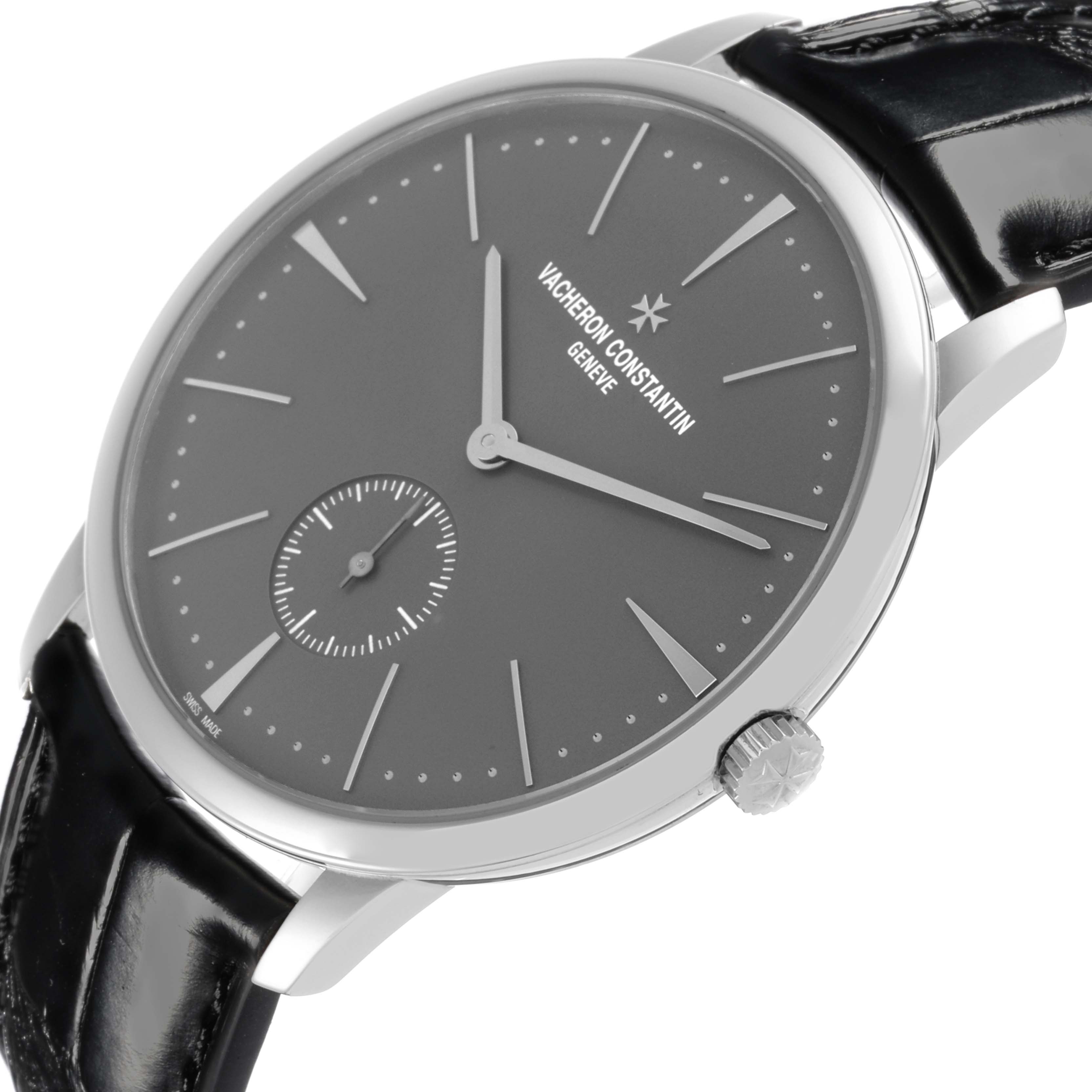 The Vacheron Constantin Patrimony 1110U/000P-B087 Men's Platinum Grey Dial 1110U/000P-B087 Men's Platinum Grey Dial watch is shown at a slight angle, highlighting the dial, crown, and leather strap.