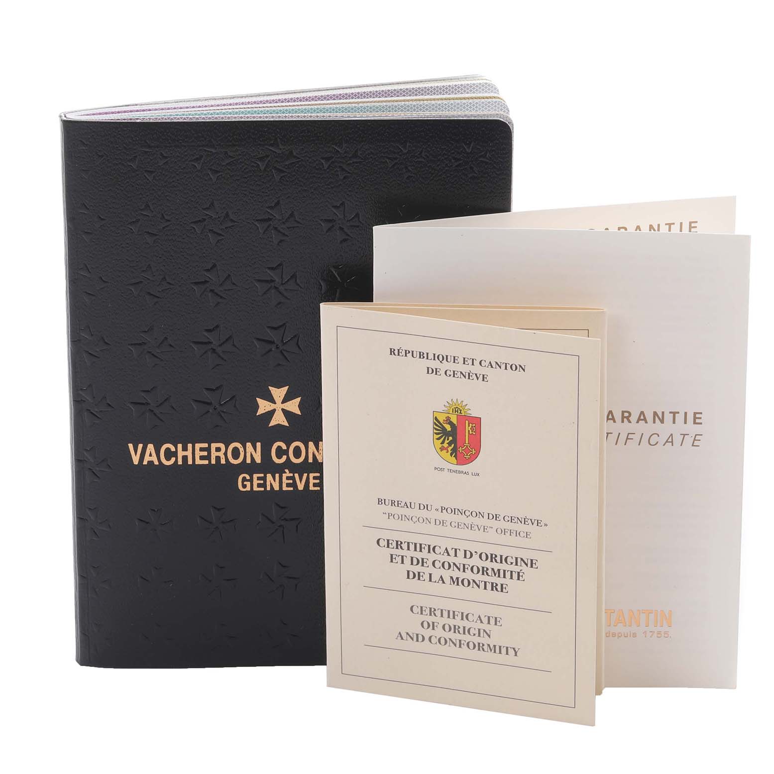 The image shows the Vacheron Constantin Patrimony 1110U/000P-B087 Men's Platinum Grey Dial 1110U/000P-B087 Men's Platinum Grey Dial model's accessories, including a black booklet and warranty/certificate papers.