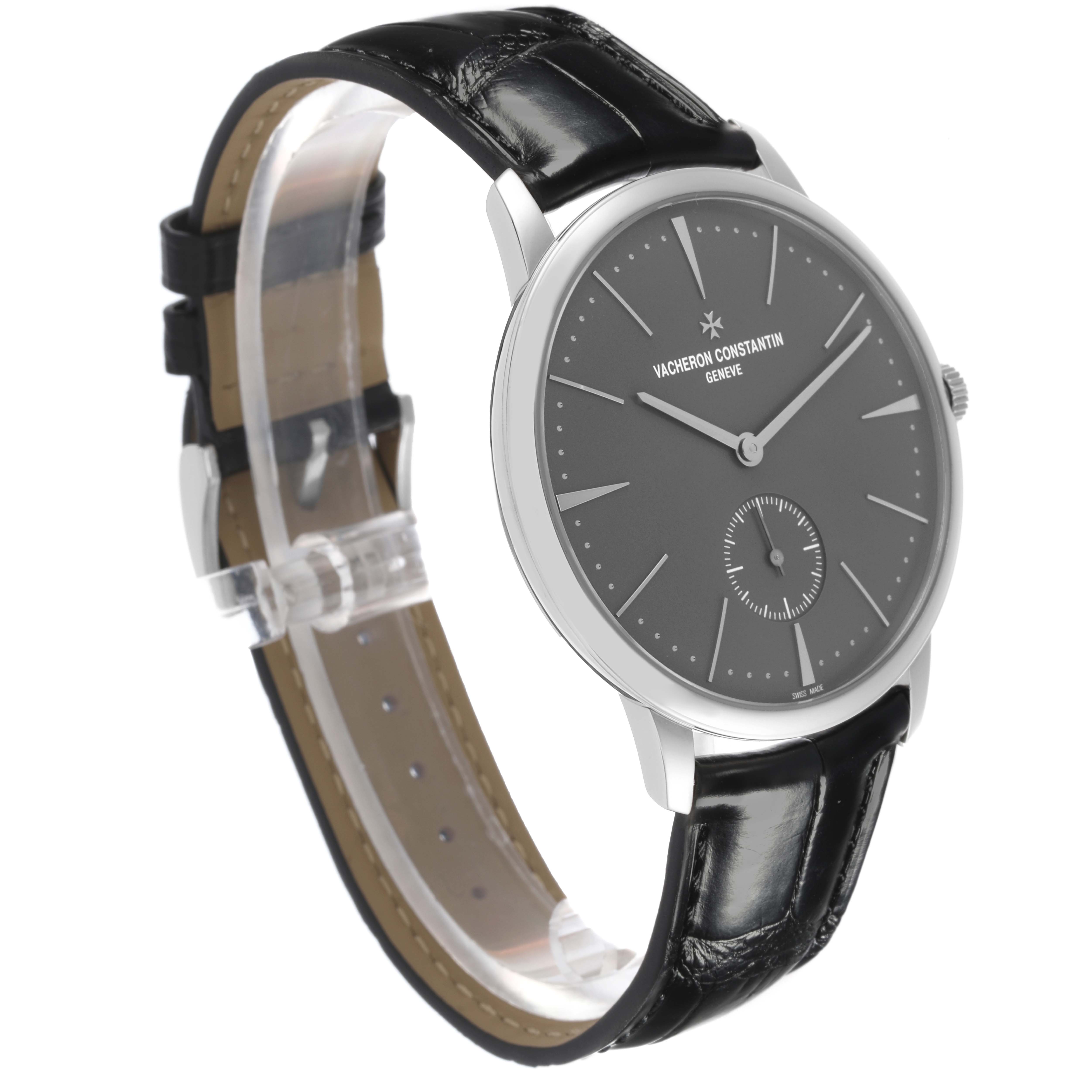 The Vacheron Constantin Patrimony 1110U/000P-B087 Men's Platinum Grey Dial 1110U/000P-B087 Men's Platinum Grey Dial watch is shown at an angled side view, highlighting the dial, case, and black leather strap.