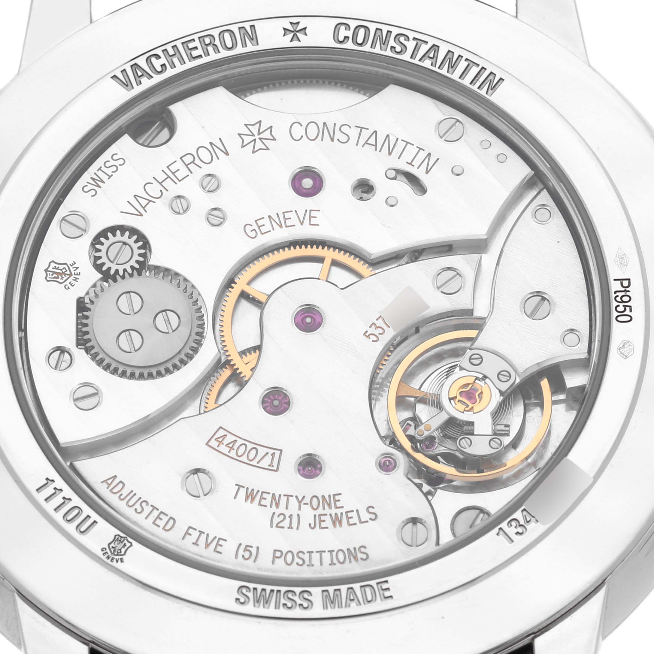 The image shows the back view of the Vacheron Constantin Patrimony 1110U/000P-B087 Men's Platinum Grey Dial 1110U/000P-B087 Men's Platinum Grey Dial watch, focusing on its mechanical movement and inscriptions.