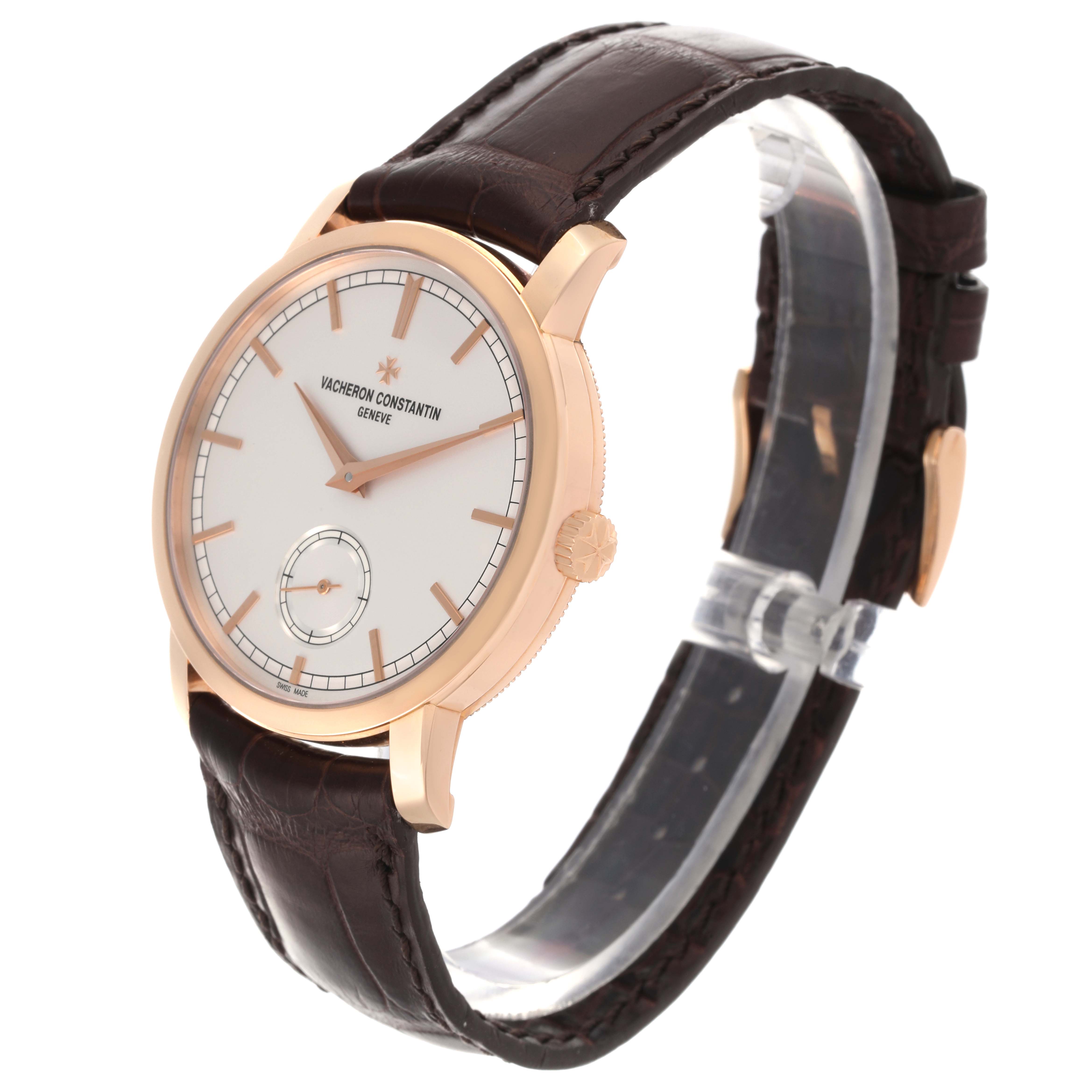 The Vacheron Constantin Traditionnelle 82172/000R-9382 Men's Rose Gold Silver Dial 82172/000R-9382 Men's Rose Gold Silver Dial watch is shown at a three-quarter angle, displaying the face, case, crown, and strap.