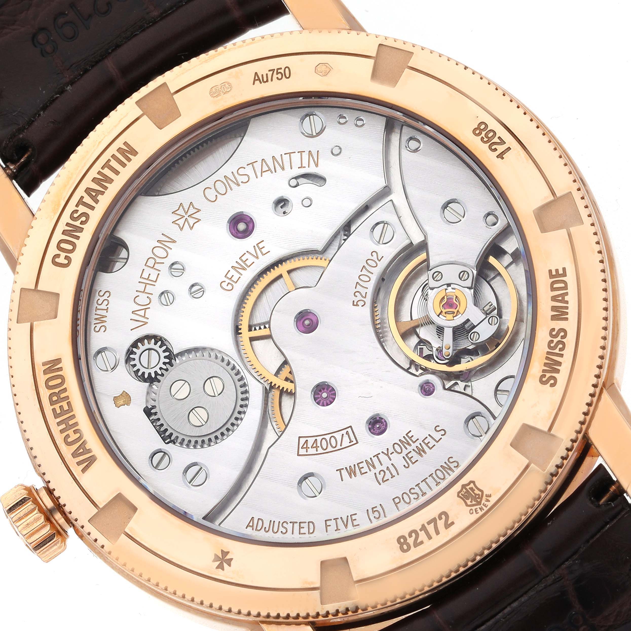 The image shows the back view of a Vacheron Constantin Traditionnelle 82172/000R-9382 Men's Rose Gold Silver Dial 82172/000R-9382 Men's Rose Gold Silver Dial watch, highlighting the mechanical movement and inner workings.