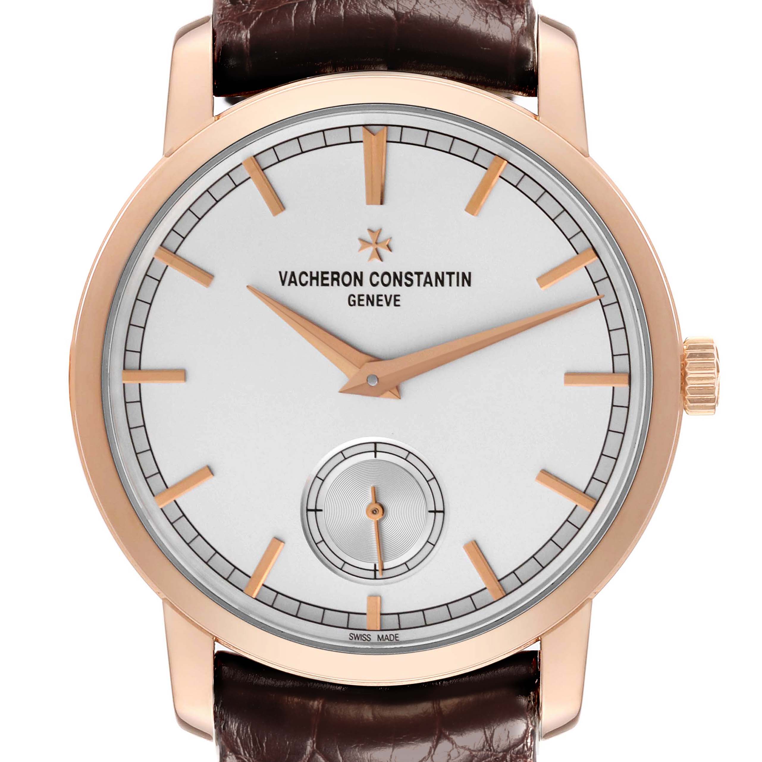 The Vacheron Constantin Traditionnelle 82172/000R-9382 Men's Rose Gold Silver Dial 82172/000R-9382 Men's Rose Gold Silver Dial watch is shown from the front, displaying its dial, hands, markers, and crown.