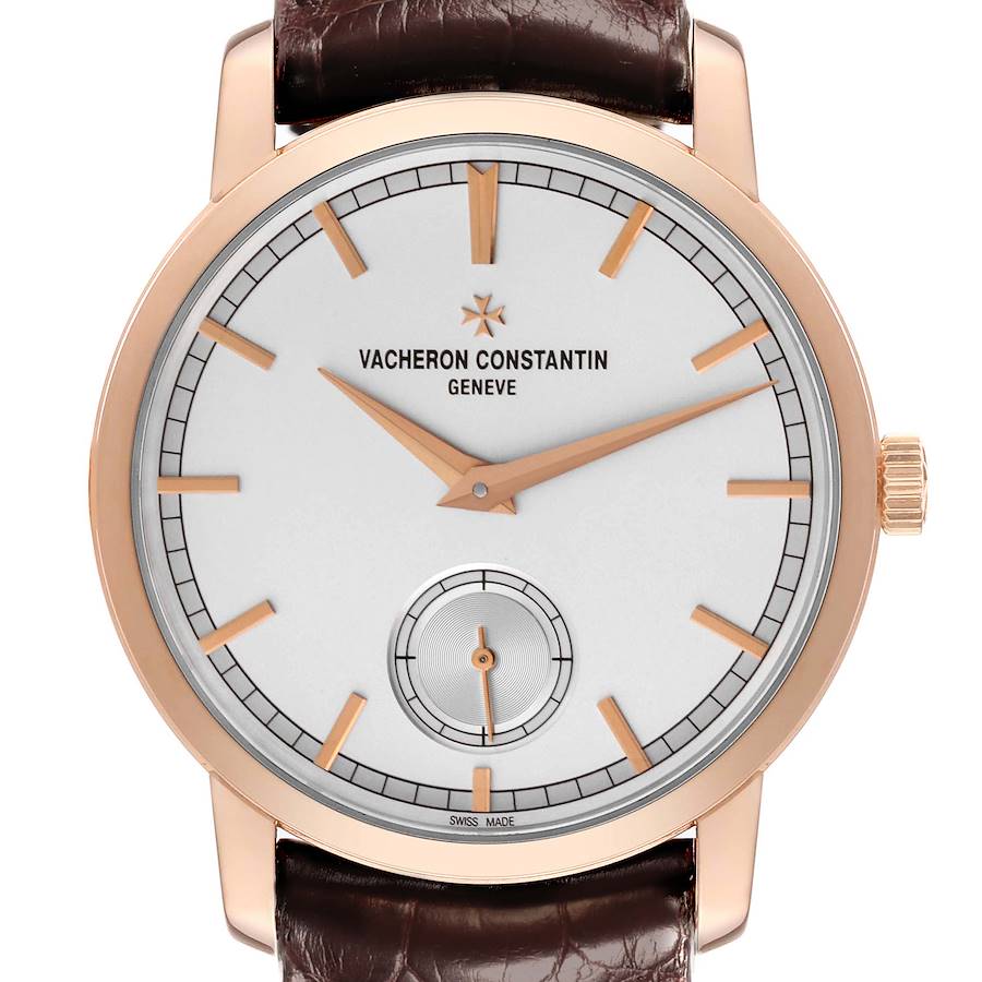 The Vacheron Constantin Traditionnelle watch is shown from the front, displaying its dial, hands, markers, and crown.