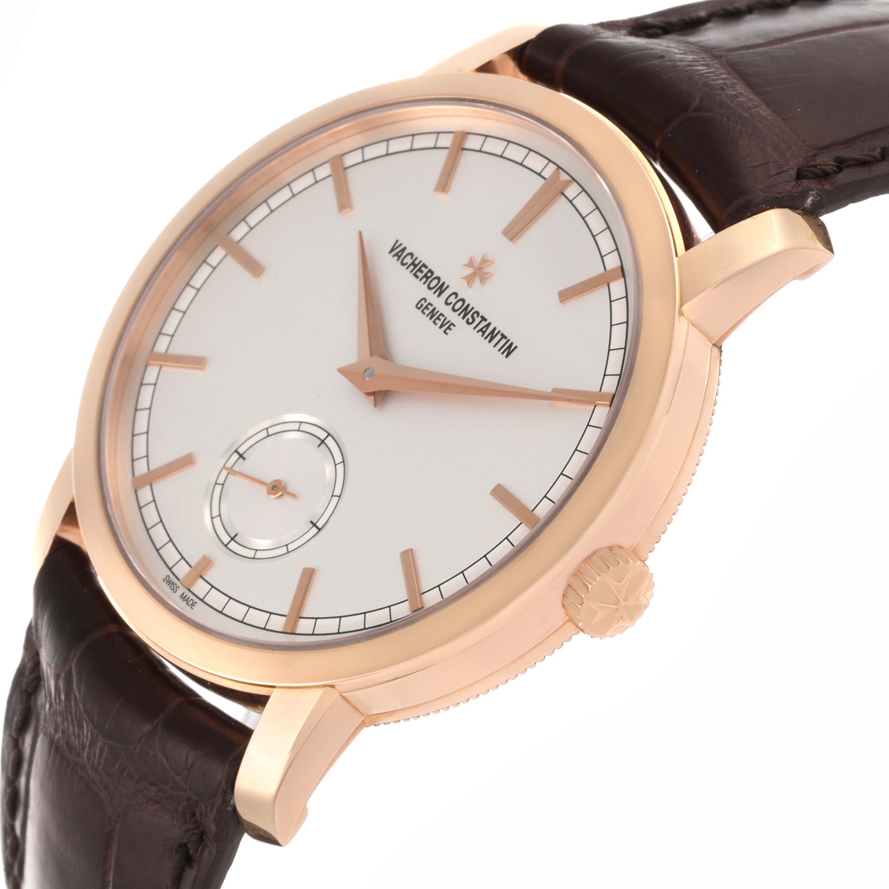 The Vacheron Constantin Traditionnelle 82172/000R-9382 Men's Rose Gold Silver Dial 82172/000R-9382 Men's Rose Gold Silver Dial watch is shown at a slight angle, displaying the dial, case, crown, and brown leather strap.