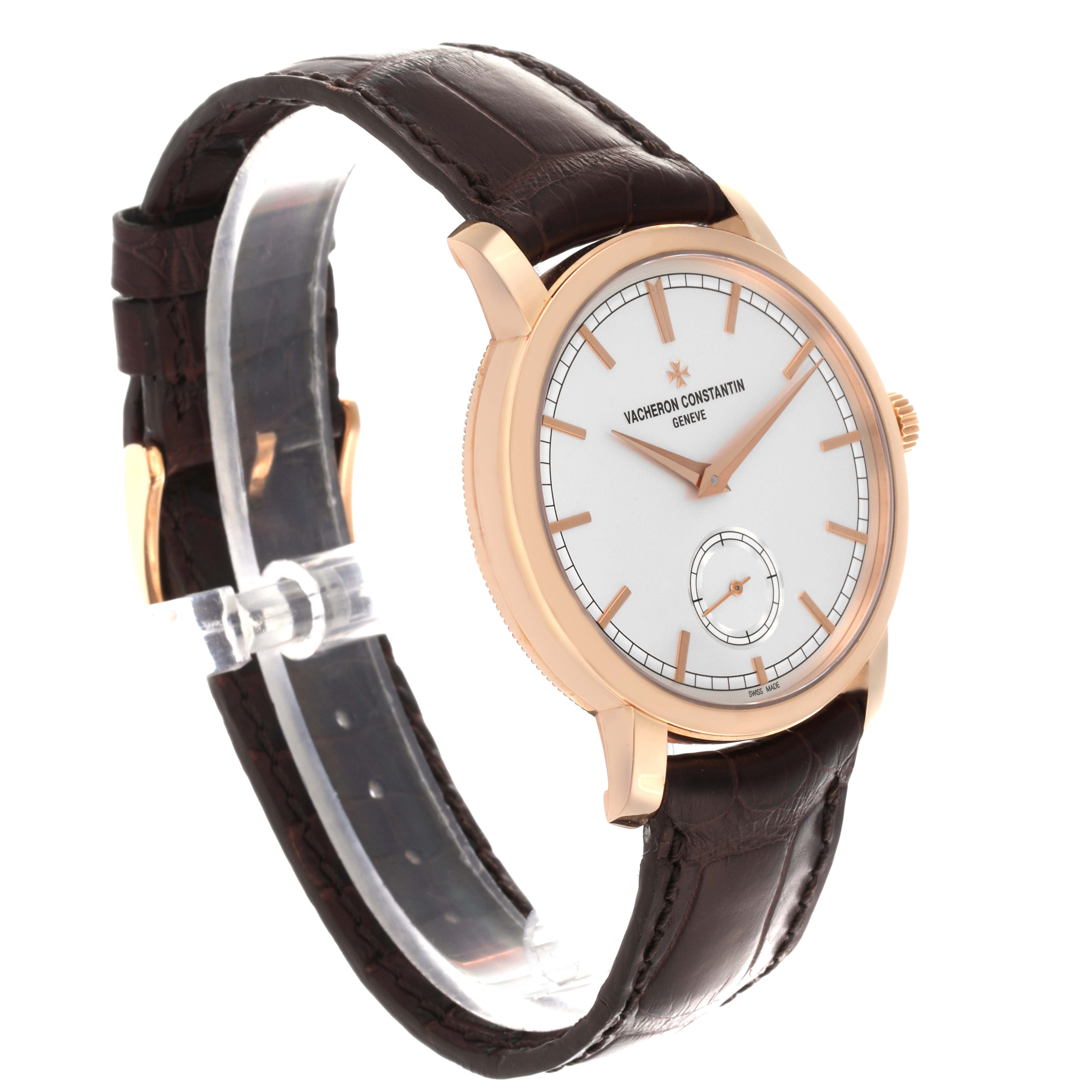 The Vacheron Constantin Traditionnelle 82172/000R-9382 Men's Rose Gold Silver Dial 82172/000R-9382 Men's Rose Gold Silver Dial watch is shown at a slight side angle, highlighting the face, case, and leather strap.