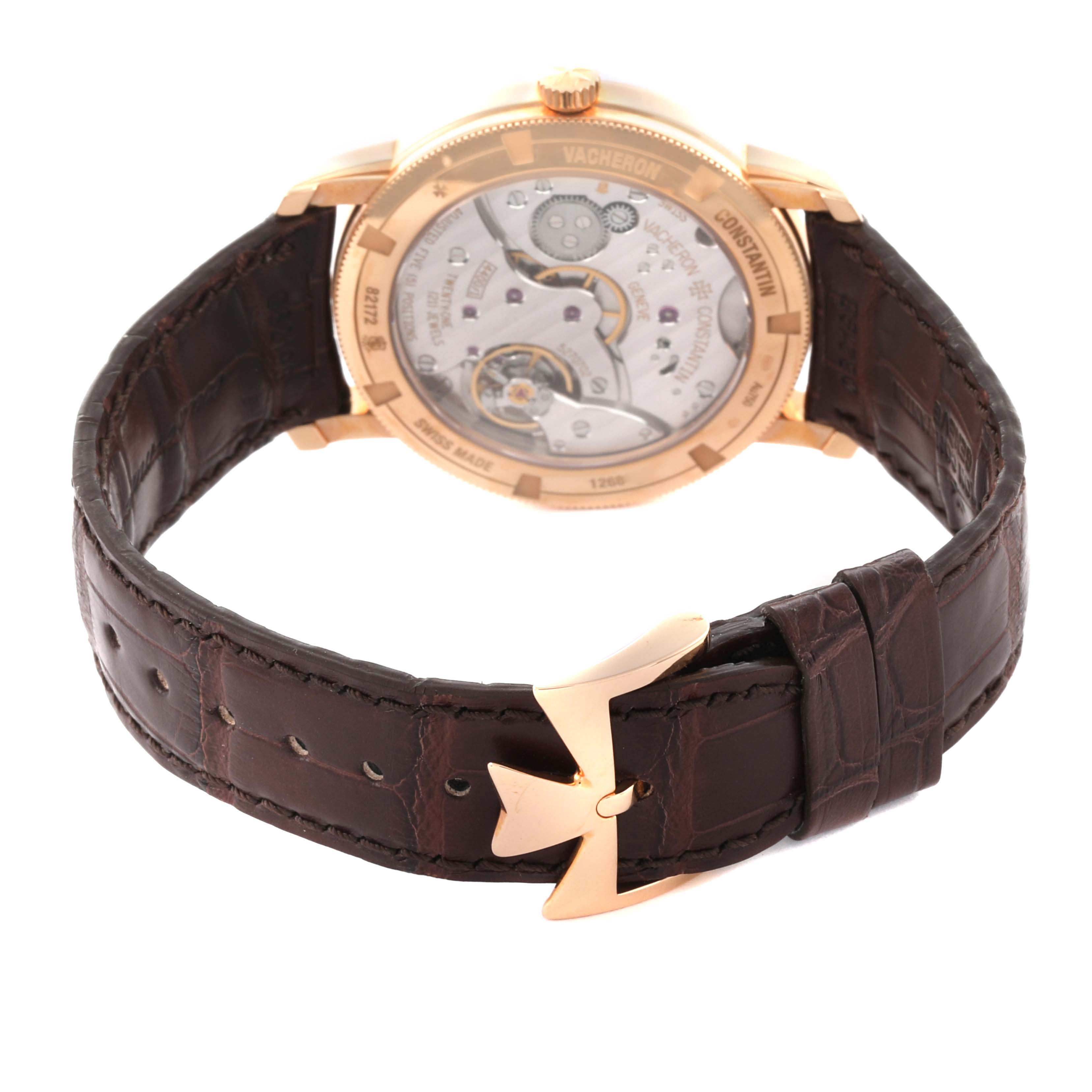 The Vacheron Constantin Traditionnelle 82172/000R-9382 Men's Rose Gold Silver Dial 82172/000R-9382 Men's Rose Gold Silver Dial watch is shown from the back, displaying its movement and brown leather strap.