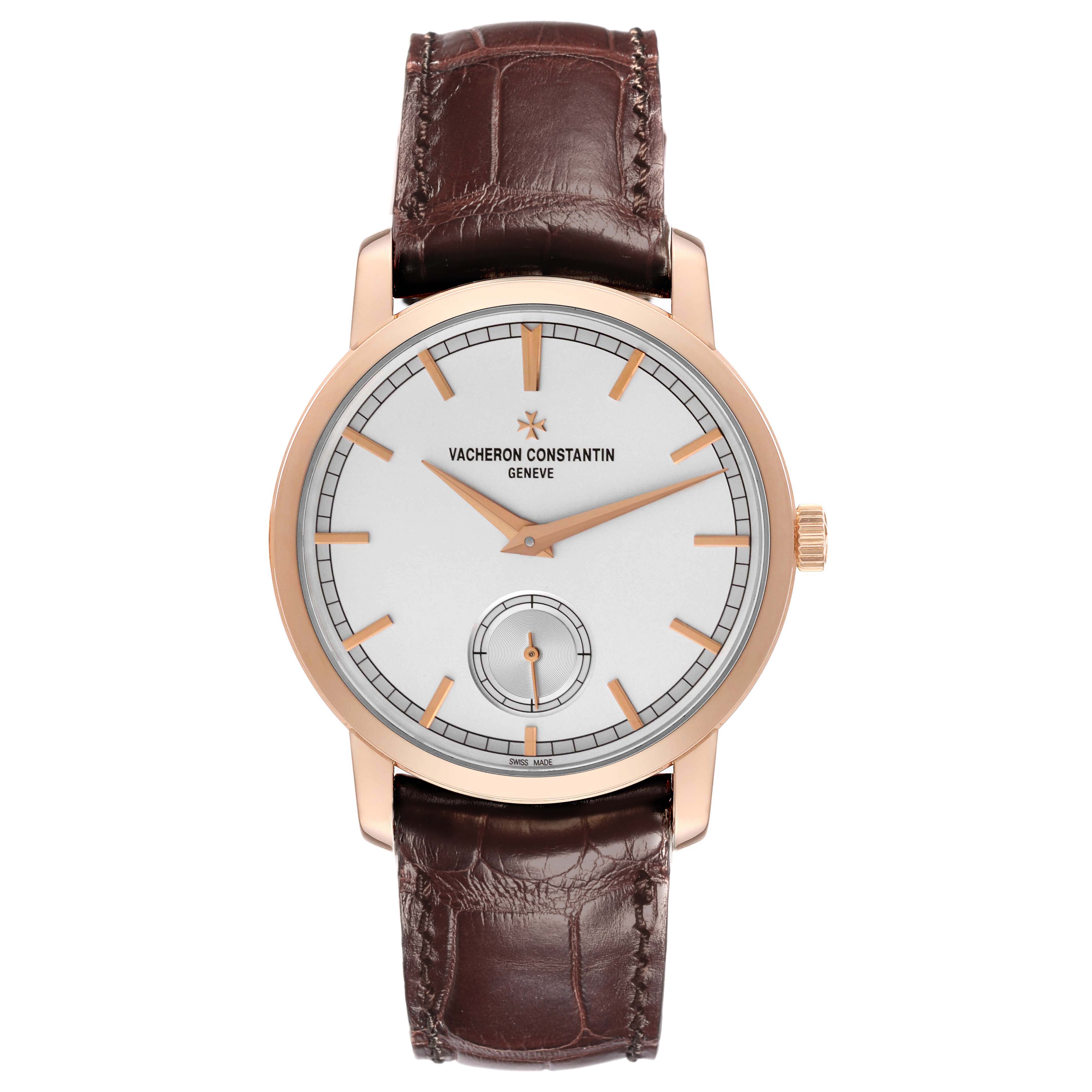 The Vacheron Constantin Traditionnelle 82172/000R-9382 Men's Rose Gold Silver Dial 82172/000R-9382 Men's Rose Gold Silver Dial watch is shown from a top view, displaying the dial, hands, and leather strap.