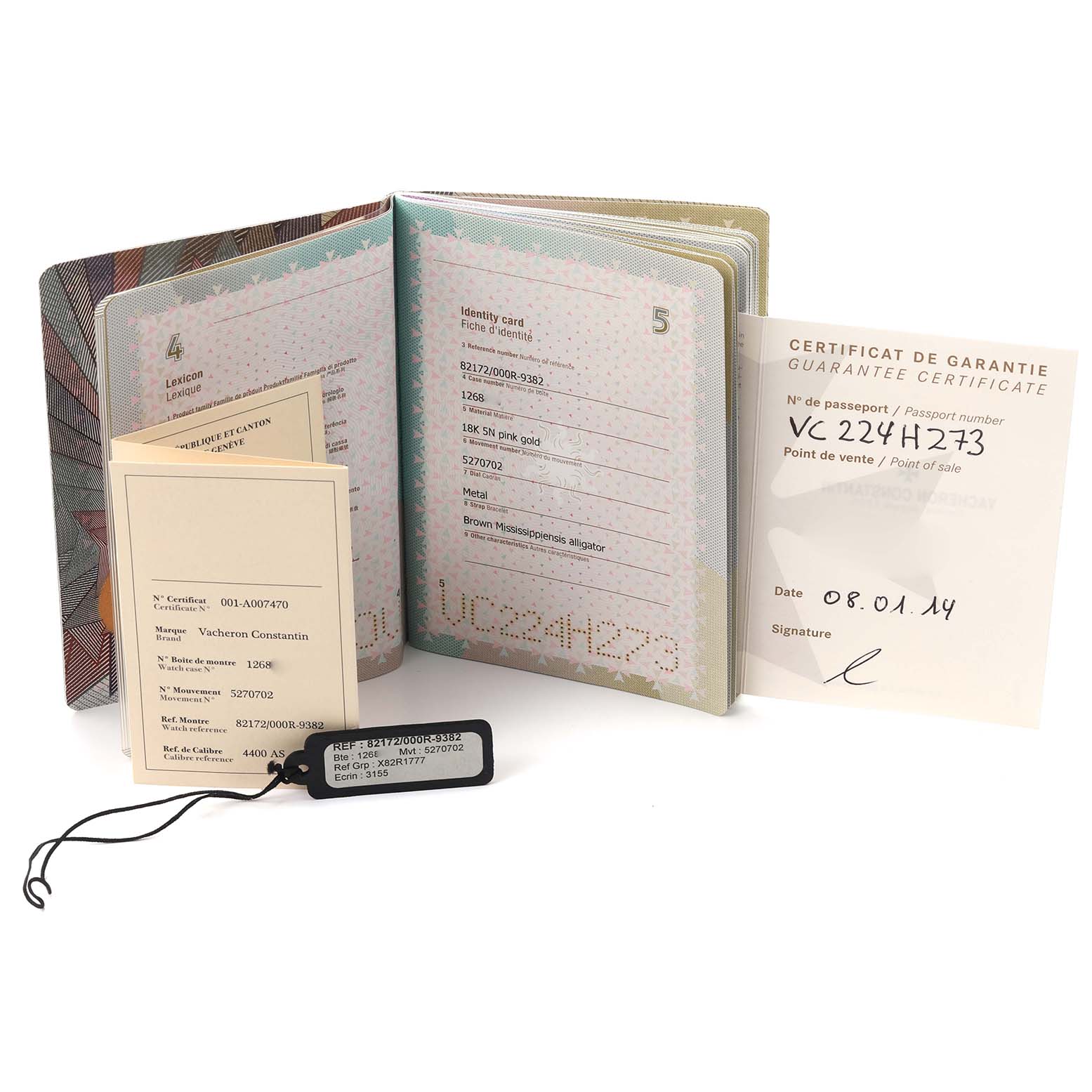 The image shows documents and a tag for the Vacheron Constantin Traditionnelle 82172/000R-9382 Men's Rose Gold Silver Dial 82172/000R-9382 Men's Rose Gold Silver Dial model, including a guarantee certificate and identity card.