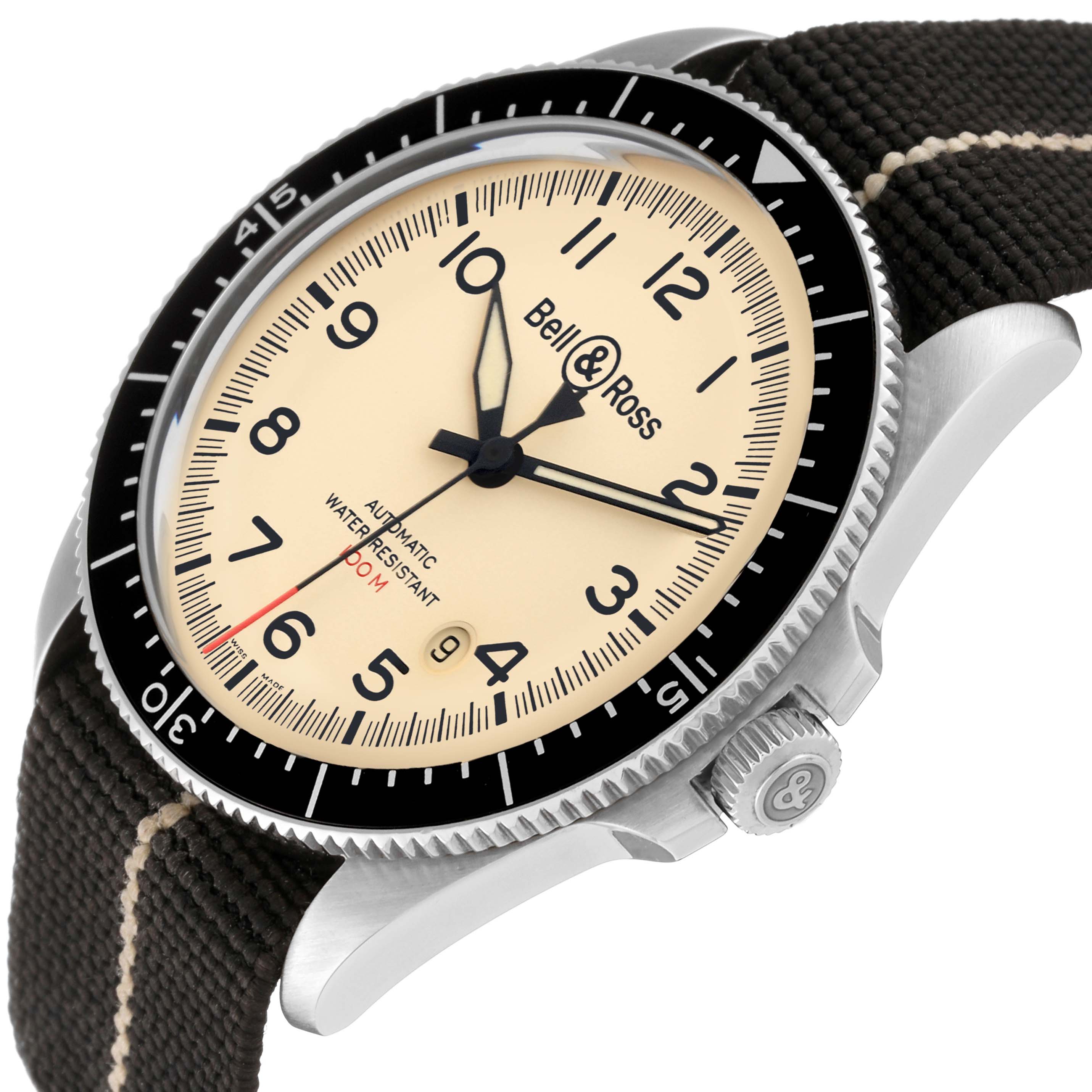 The image shows a Bell 
Ross Heritage BRV2-92-S-03618 Men
s Stainless Steel Beige Dial BRV2-92-S-03618 Men
s Stainless Steel Beige Dial model watch at a slight side angle, highlighting the watch case, dial, bezel, and strap.