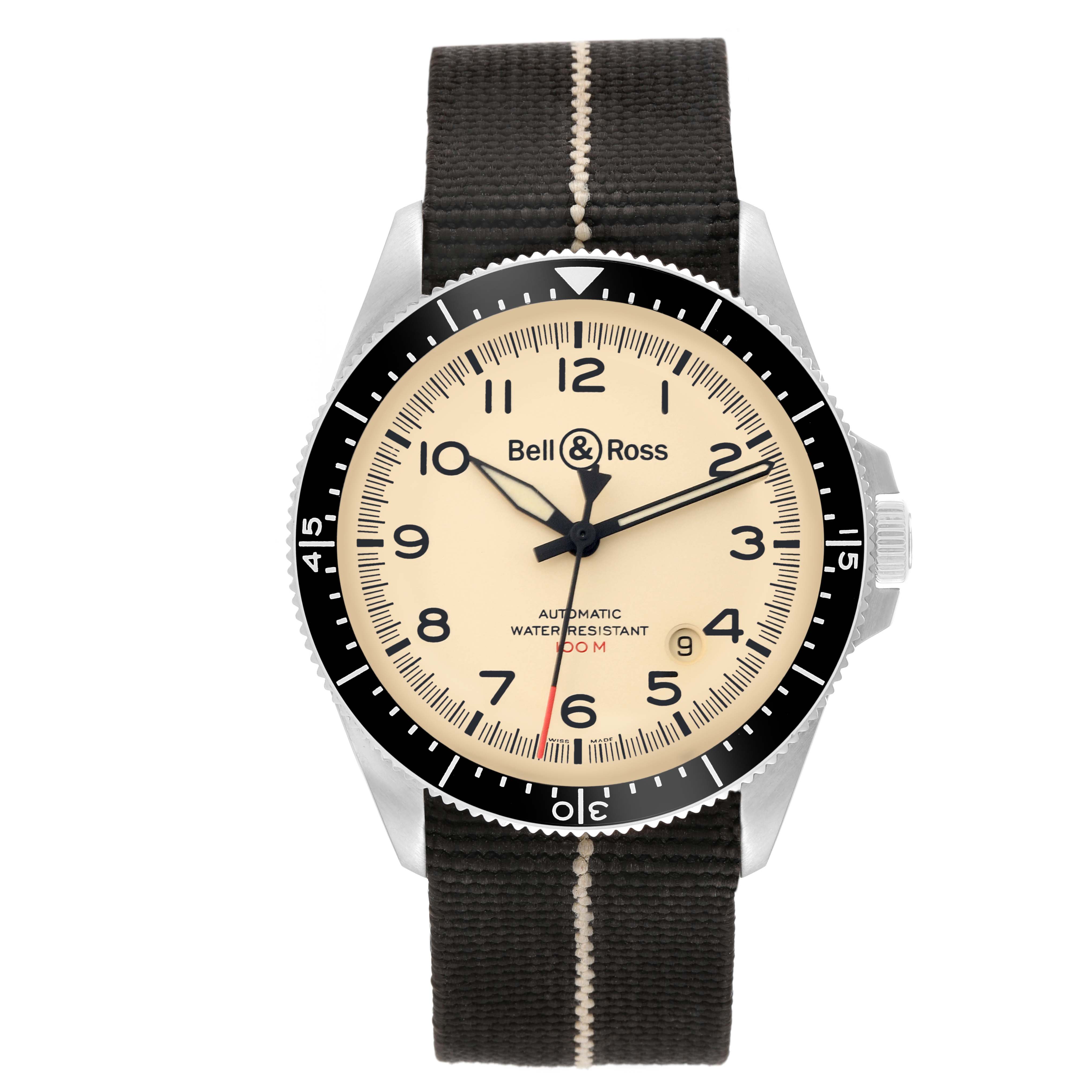 The image shows a front view of the Bell 
Ross Heritage BRV2-92-S-03618 Men
s Stainless Steel Beige Dial BRV2-92-S-03618 Men
s Stainless Steel Beige Dial model watch with a black and beige strap.