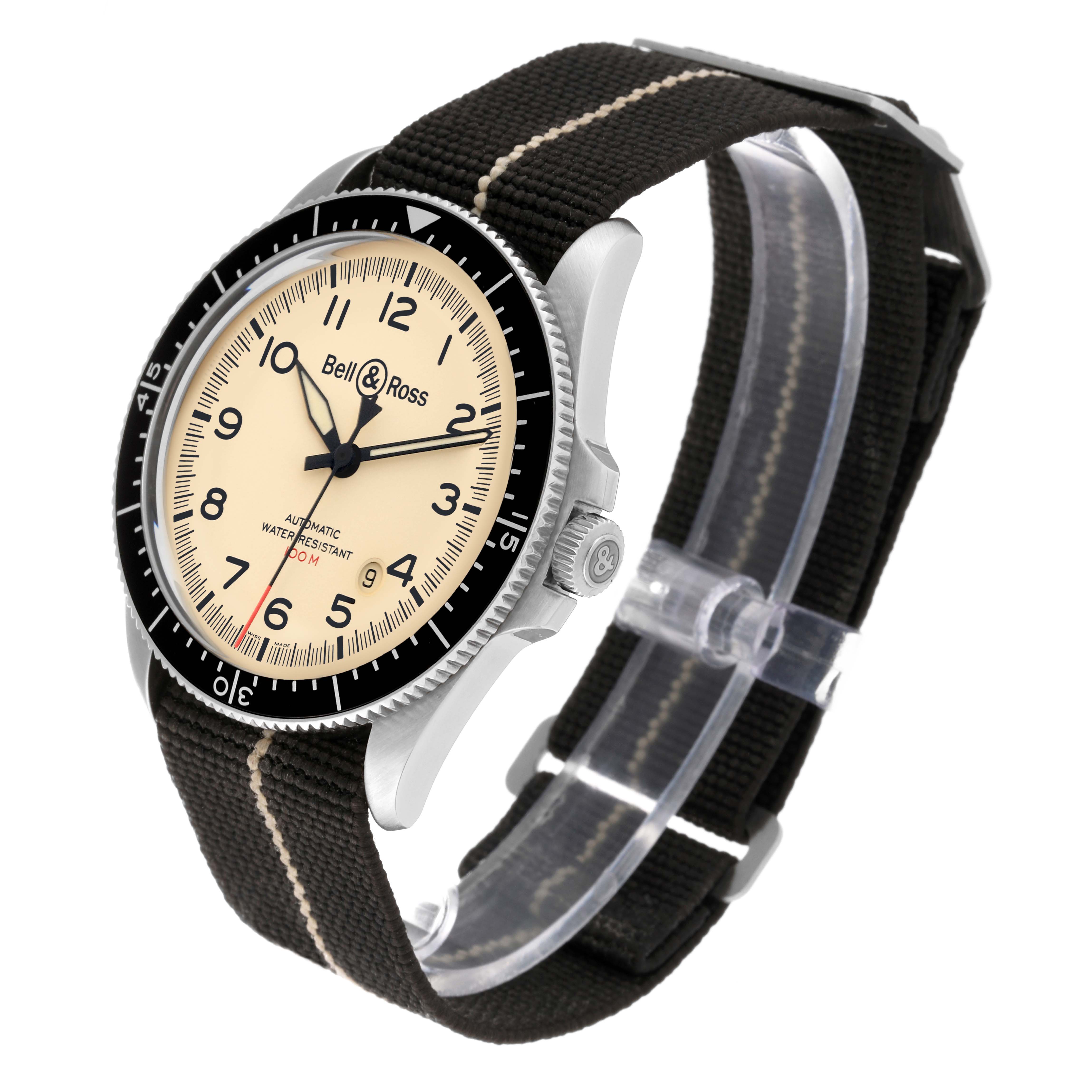 The Bell 
Ross Heritage BRV2-92-S-03618 Men
s Stainless Steel Beige Dial BRV2-92-S-03618 Men
s Stainless Steel Beige Dial model watch is shown at a three-quarter angle, highlighting its face, bezel, crown, and strap.