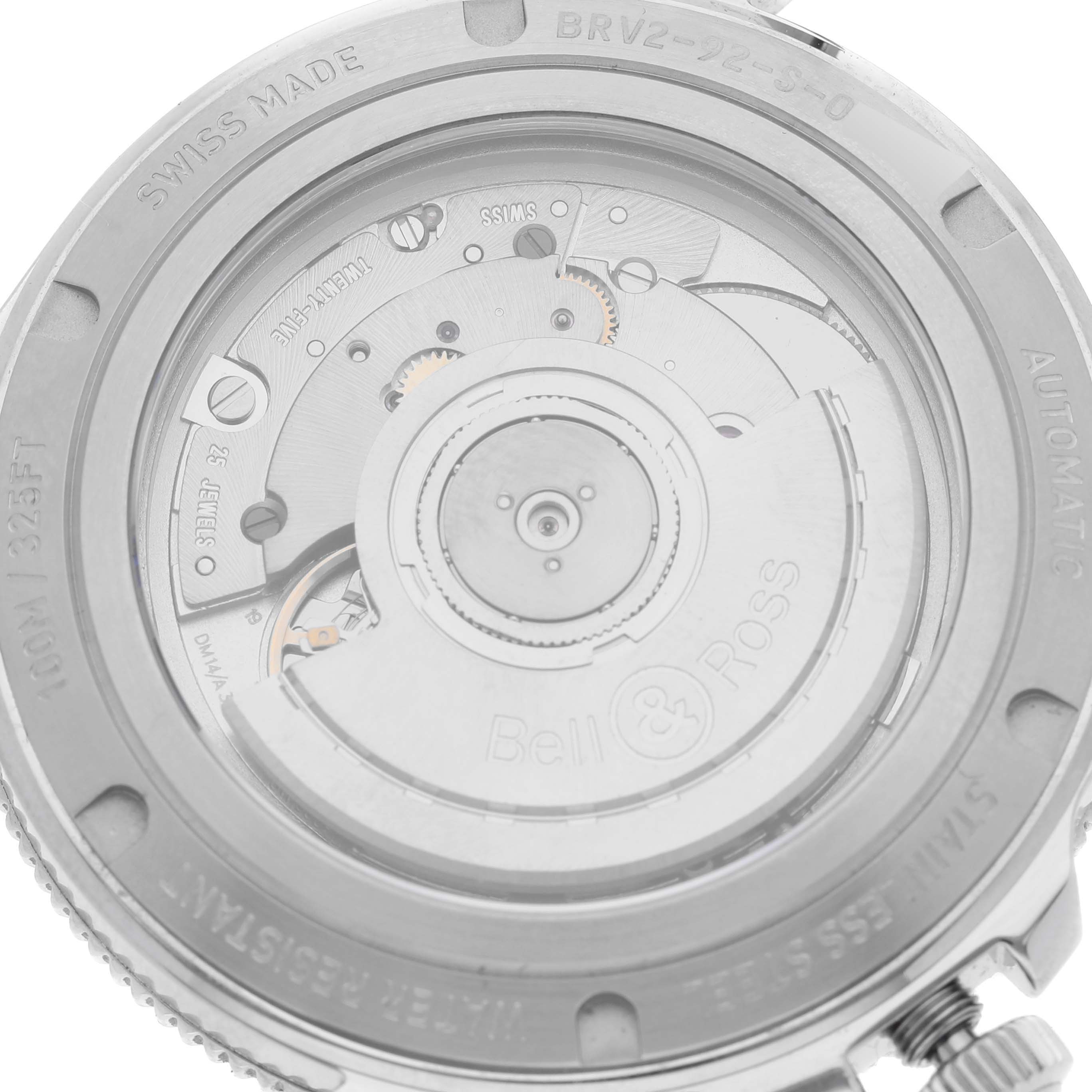 This image shows the back view of the Bell 
Ross Heritage BRV2-92-S-03618 Men
s Stainless Steel Beige Dial BRV2-92-S-03618 Men
s Stainless Steel Beige Dial model BRV2-92-S-0, highlighting its automatic movement and internal mechanism.