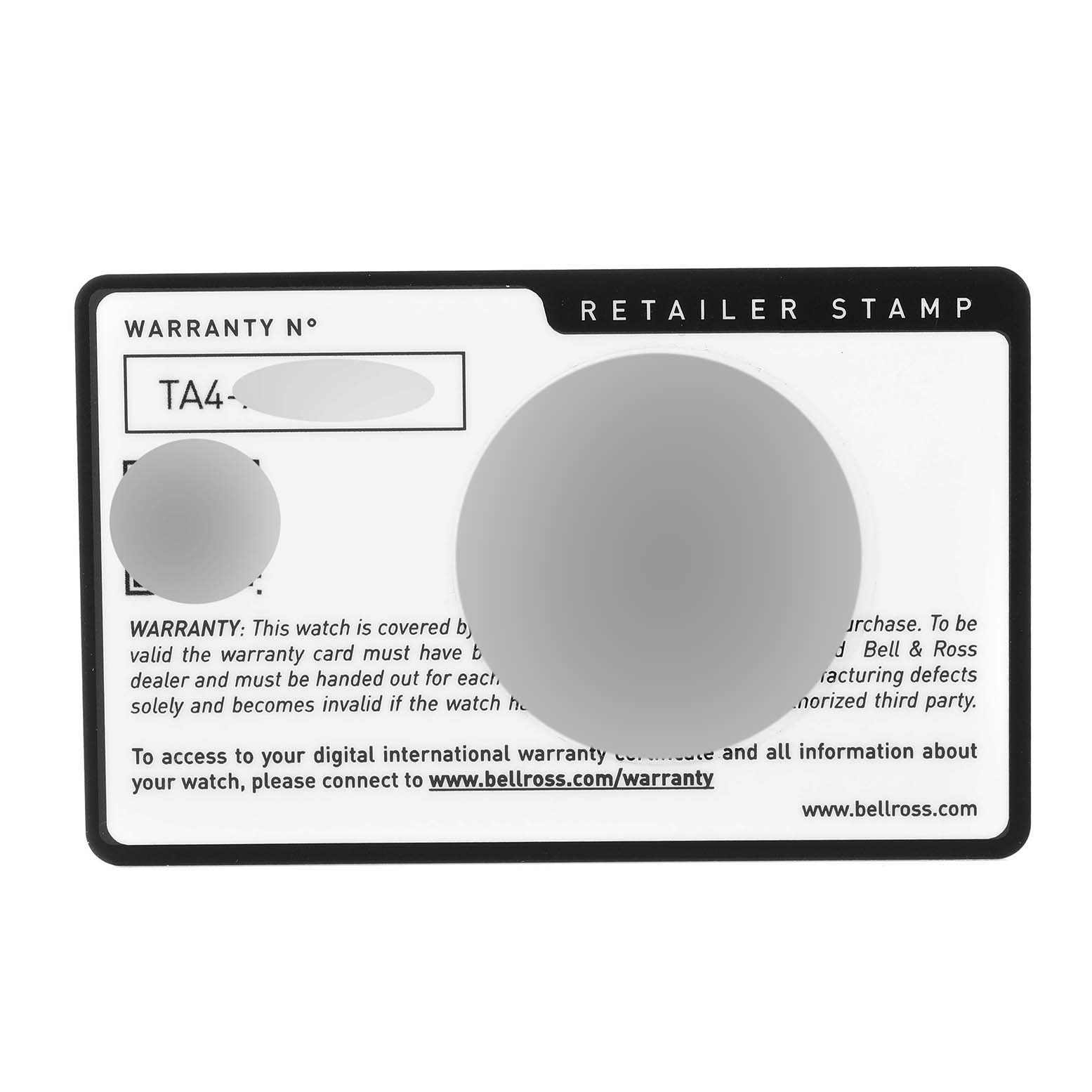 This is a warranty card for the Bell 
Ross Heritage BRV2-92-S-03618 Men
s Stainless Steel Beige Dial BRV2-92-S-03618 Men
s Stainless Steel Beige Dial model watch, with a section for the retailer stamp and warranty number.