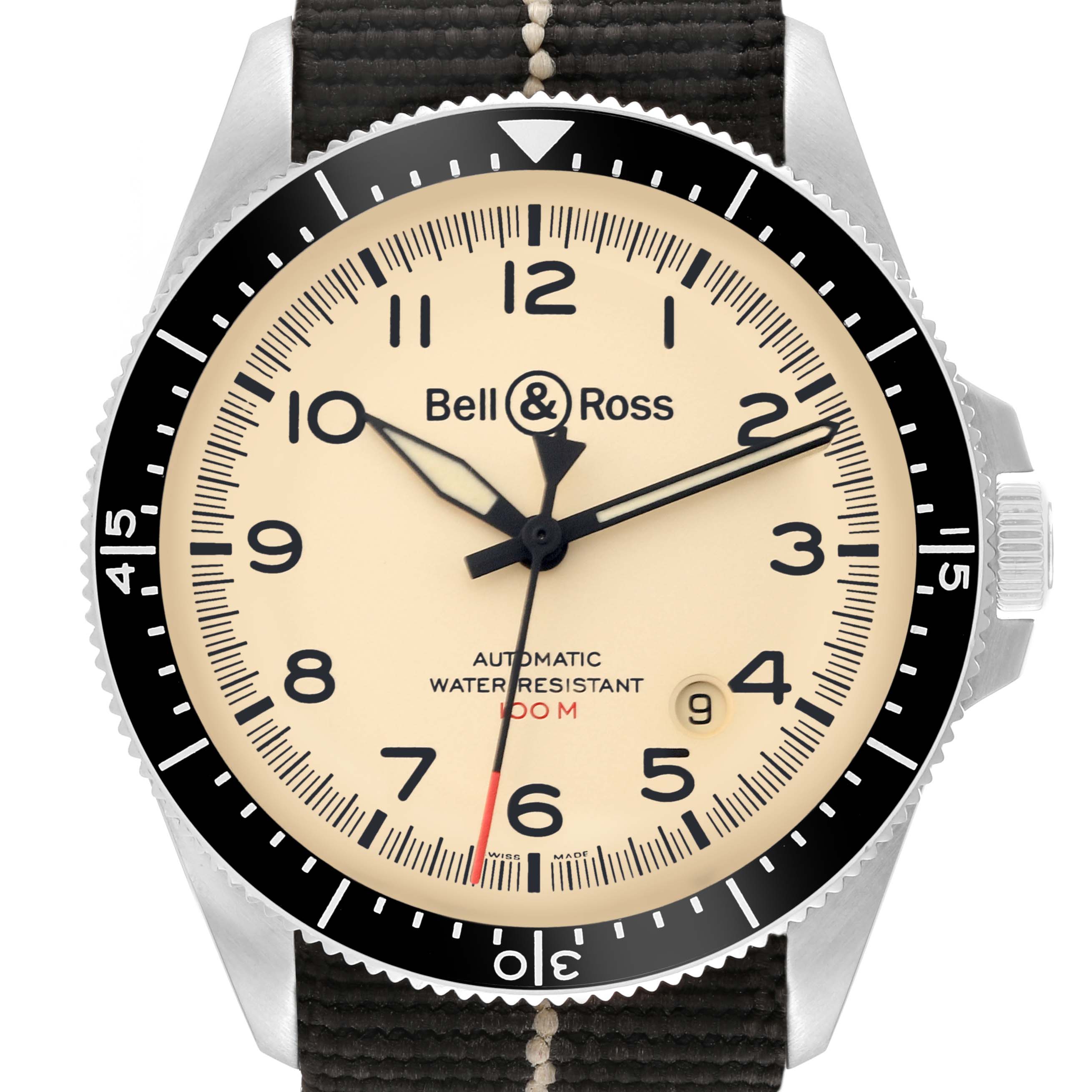 This image shows a front view of the Bell 
Ross Heritage BRV2-92-S-03618 Men
s Stainless Steel Beige Dial BRV2-92-S-03618 Men
s Stainless Steel Beige Dial model watch, highlighting the dial and bezel.