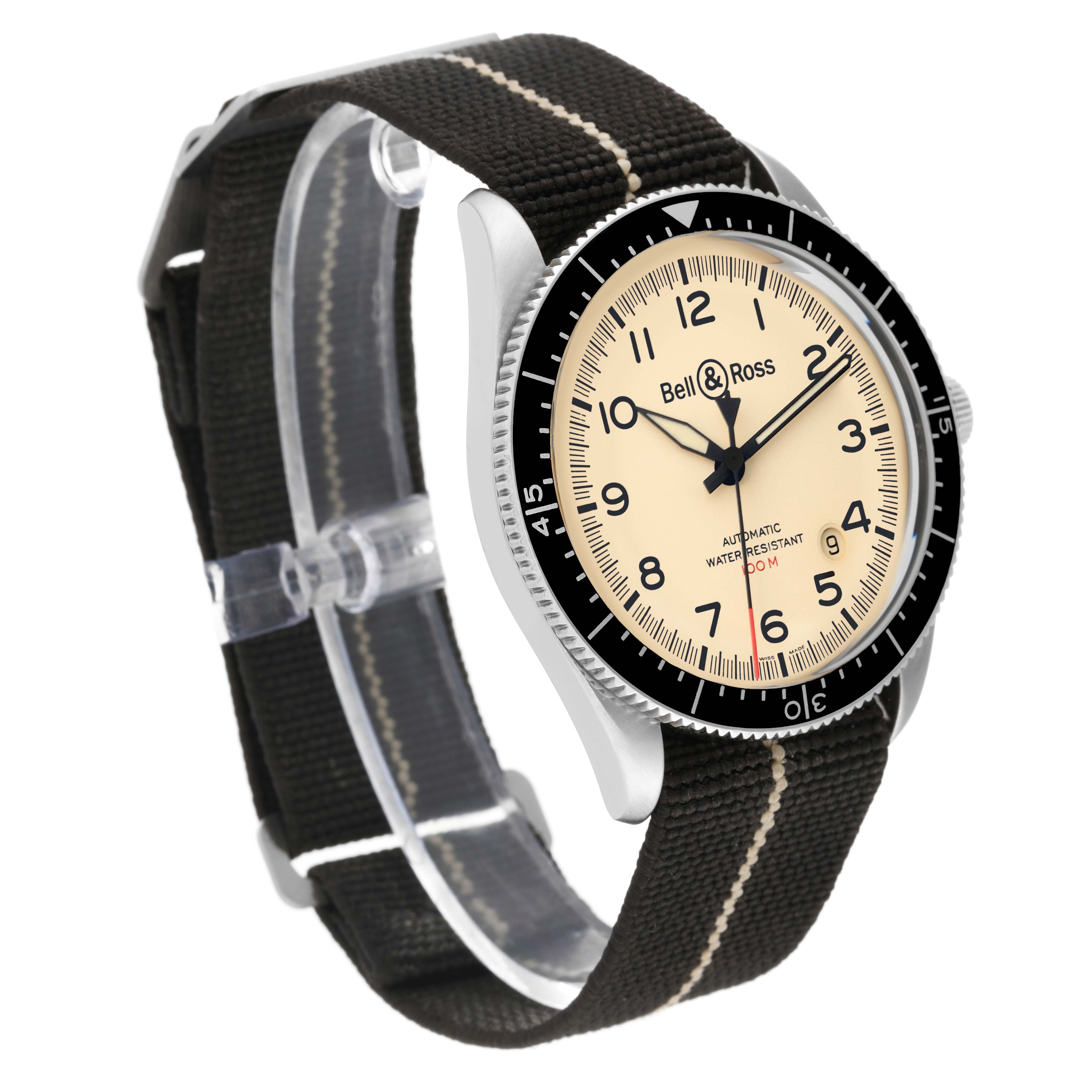 The Bell 
Ross Heritage BRV2-92-S-03618 Men
s Stainless Steel Beige Dial BRV2-92-S-03618 Men
s Stainless Steel Beige Dial model watch is shown at a three-quarter angle, displaying its black strap, beige dial, and black bezel.