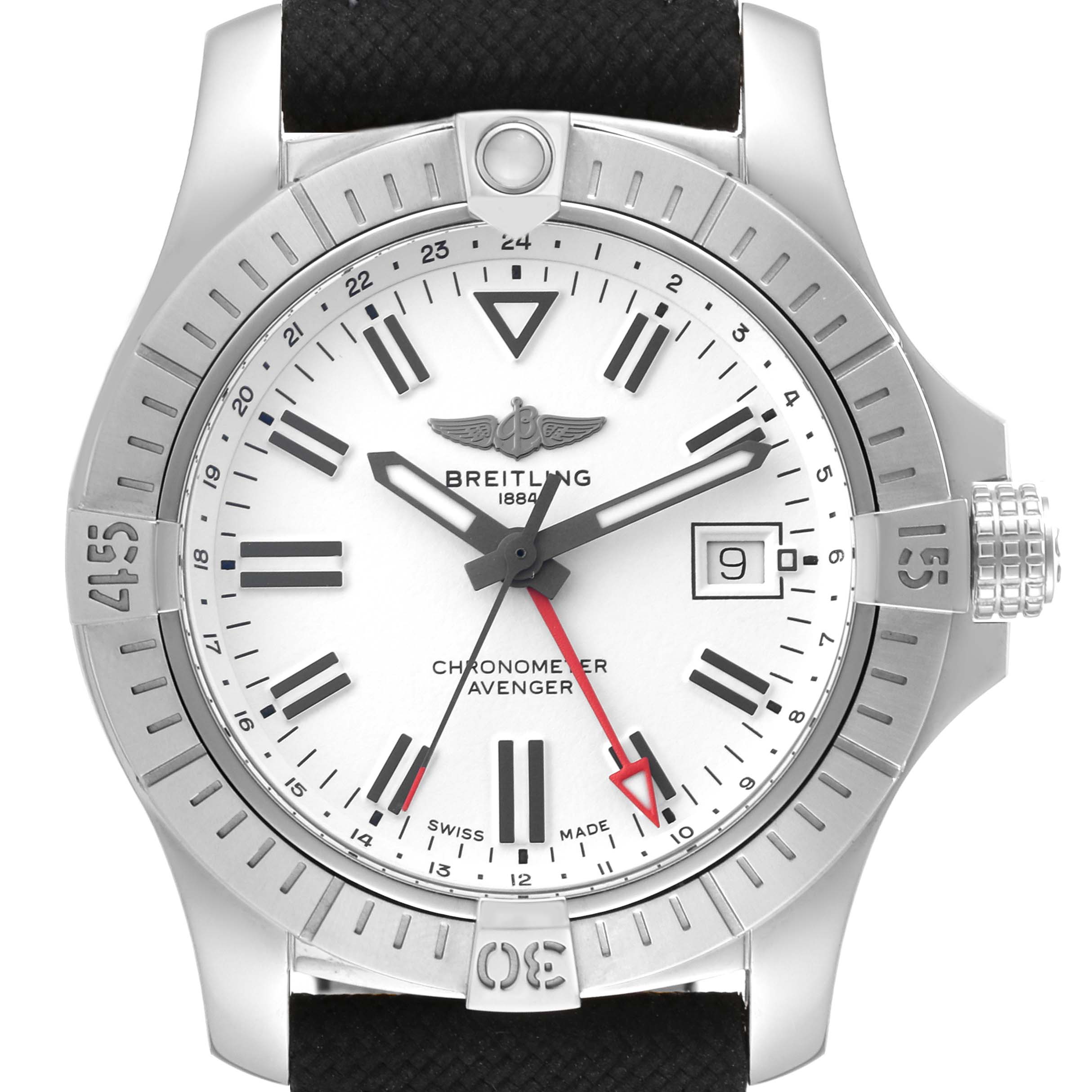 The image shows a Breitling Chronomat A32397 Men
s Stainless Steel White Dial A32397 Men
s Stainless Steel White Dial model watch face with a white dial, date window, and unidirectional bezel.