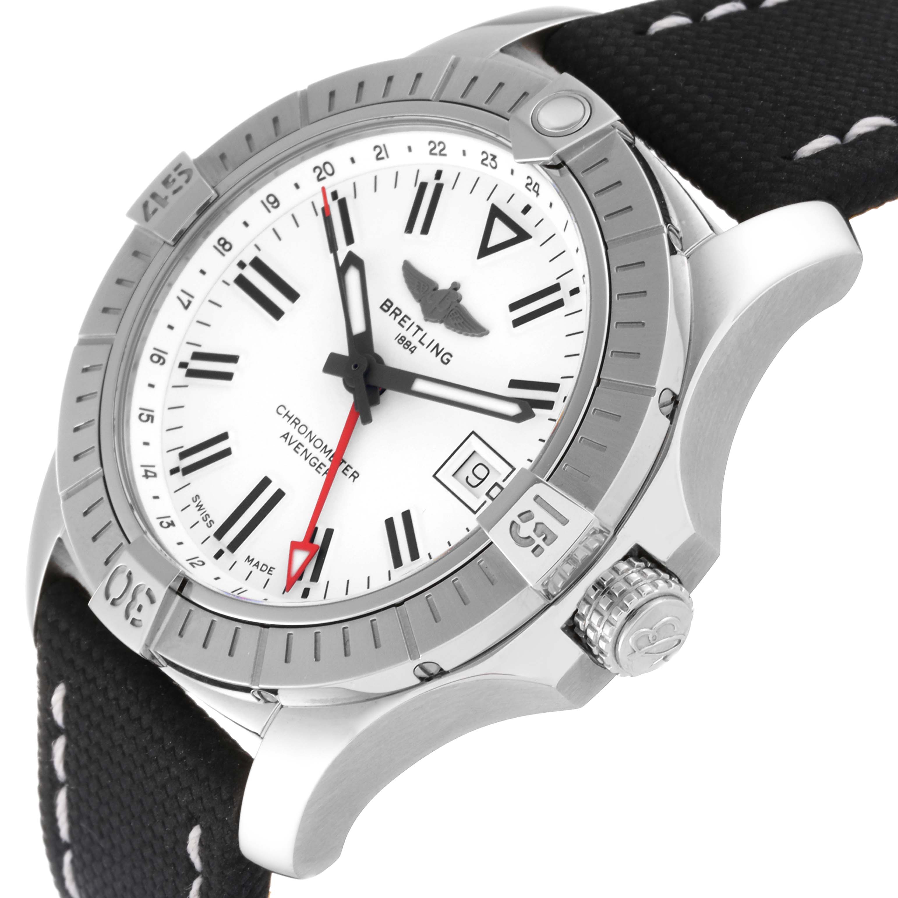 The Breitling Chronomat A32397 Men
s Stainless Steel White Dial A32397 Men
s Stainless Steel White Dial watch is shown at an angle highlighting the face, bezel, crown, and part of the strap.