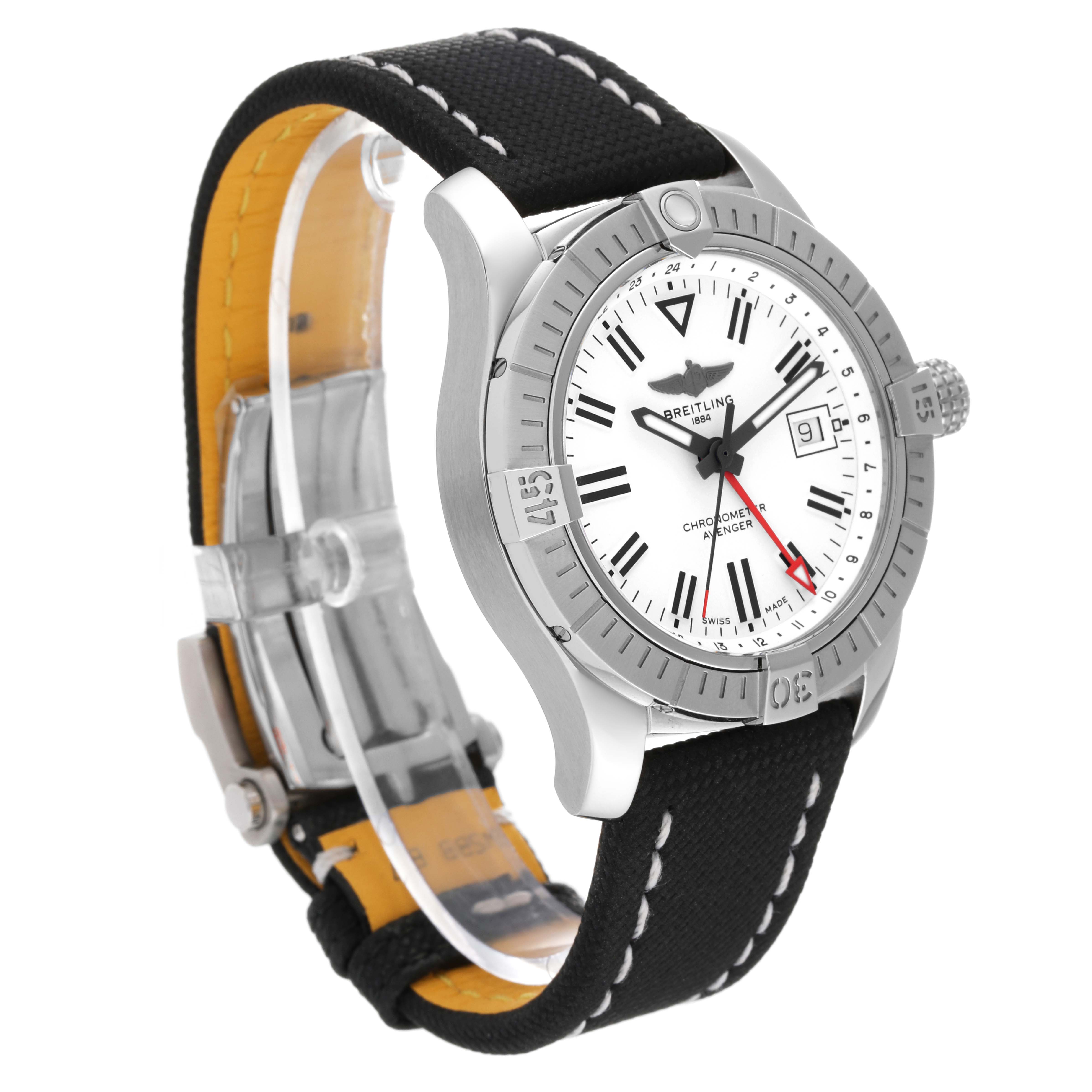 The Breitling Chronomat A32397 Men
s Stainless Steel White Dial A32397 Men
s Stainless Steel White Dial watch is shown at a three-quarter angle, displaying its face, bezel, case, crown, and strap.