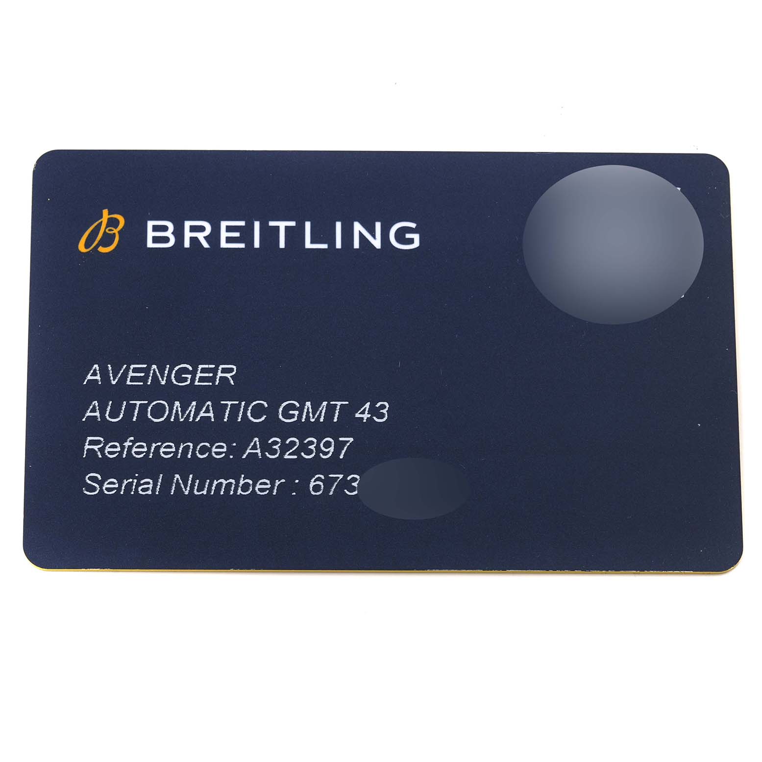 The image shows the warranty card for a Breitling Avenger Automatic GMT 43 with reference number A32397.