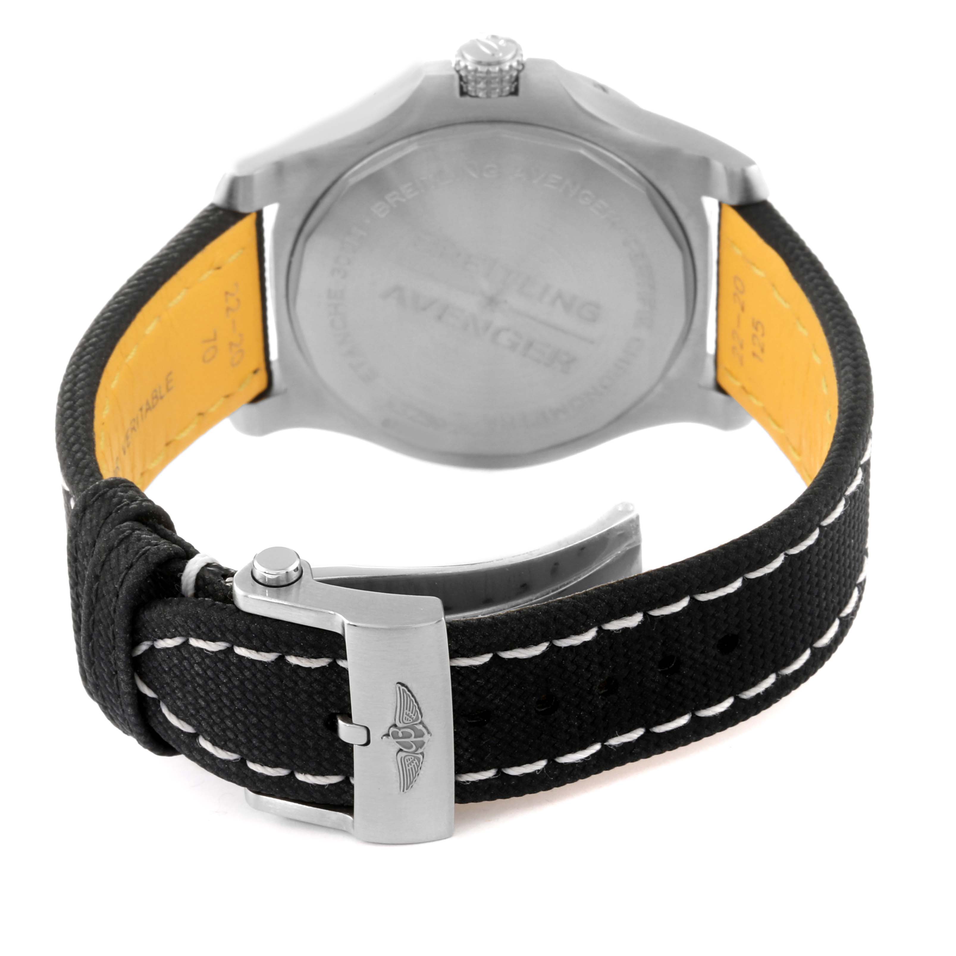 This image shows the back view of the Breitling Chronomat A32397 Men
s Stainless Steel White Dial A32397 Men
s Stainless Steel White Dial watch, highlighting the case back and the black strap with stitching.