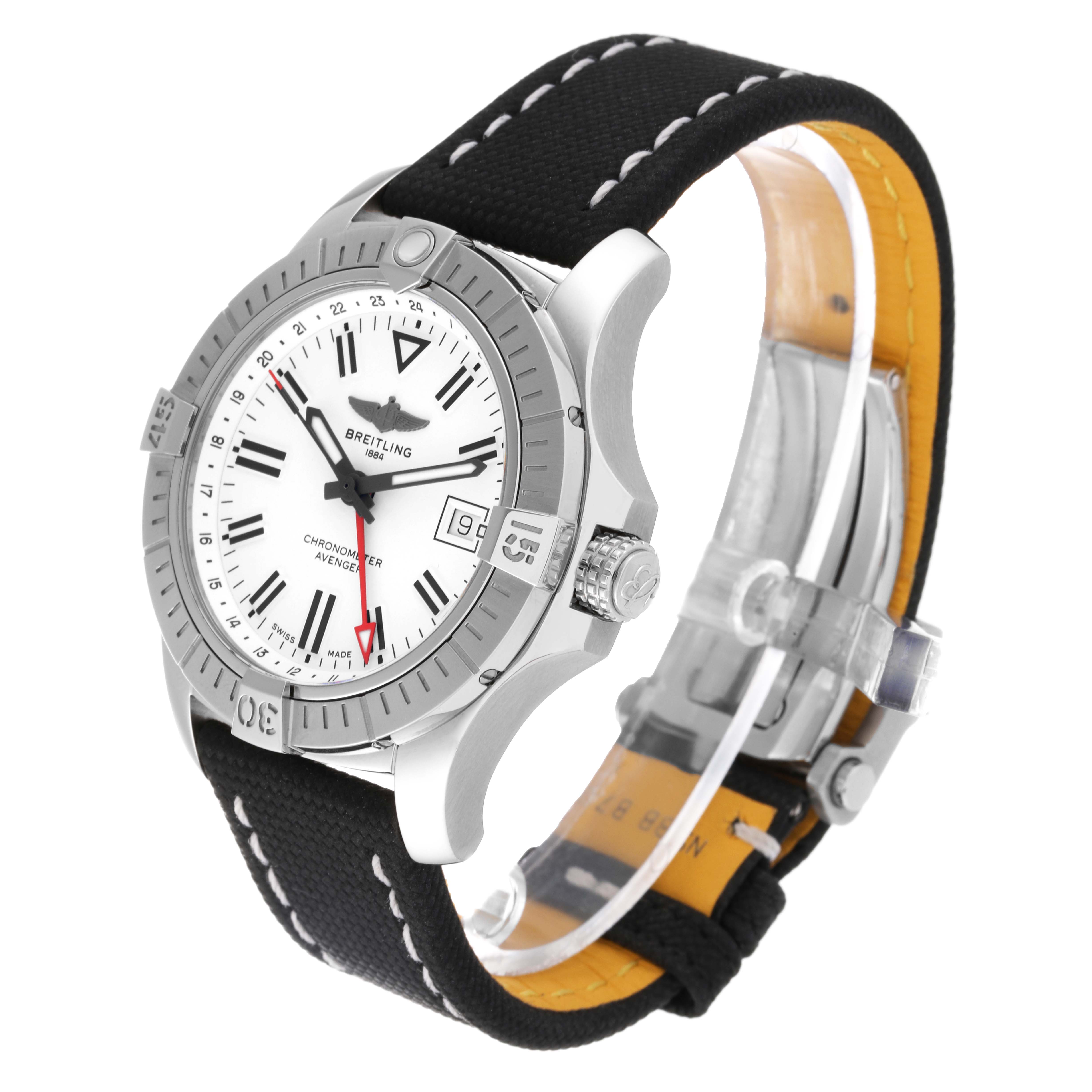 The image shows a Breitling Chronomat A32397 Men
s Stainless Steel White Dial A32397 Men
s Stainless Steel White Dial watch at a three-quarter angle, highlighting its strap, bezel, crown, and face.