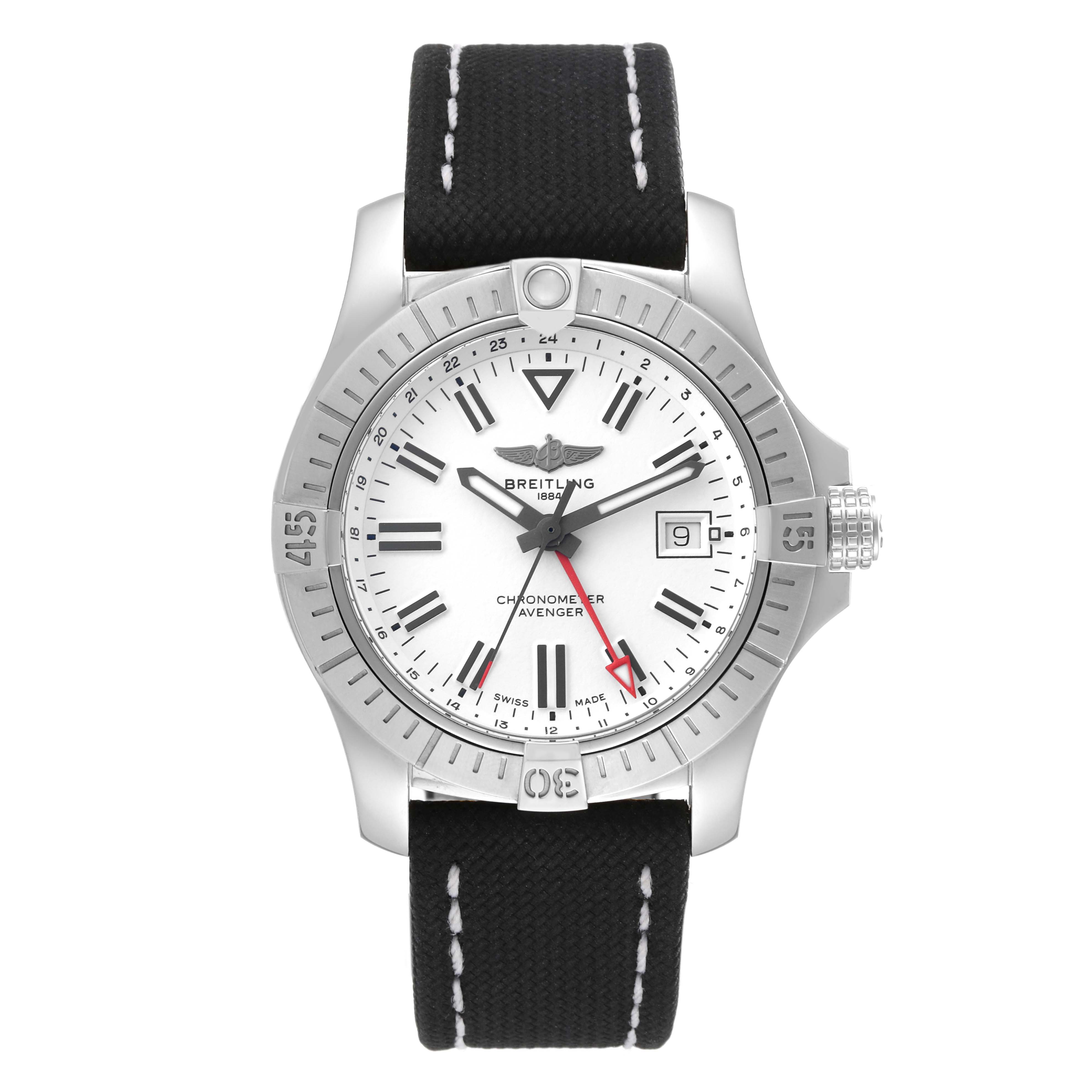The image shows a front view of a Breitling Chronomat A32397 Men
s Stainless Steel White Dial A32397 Men
s Stainless Steel White Dial watch featuring a white dial, black strap, and silver bezel.