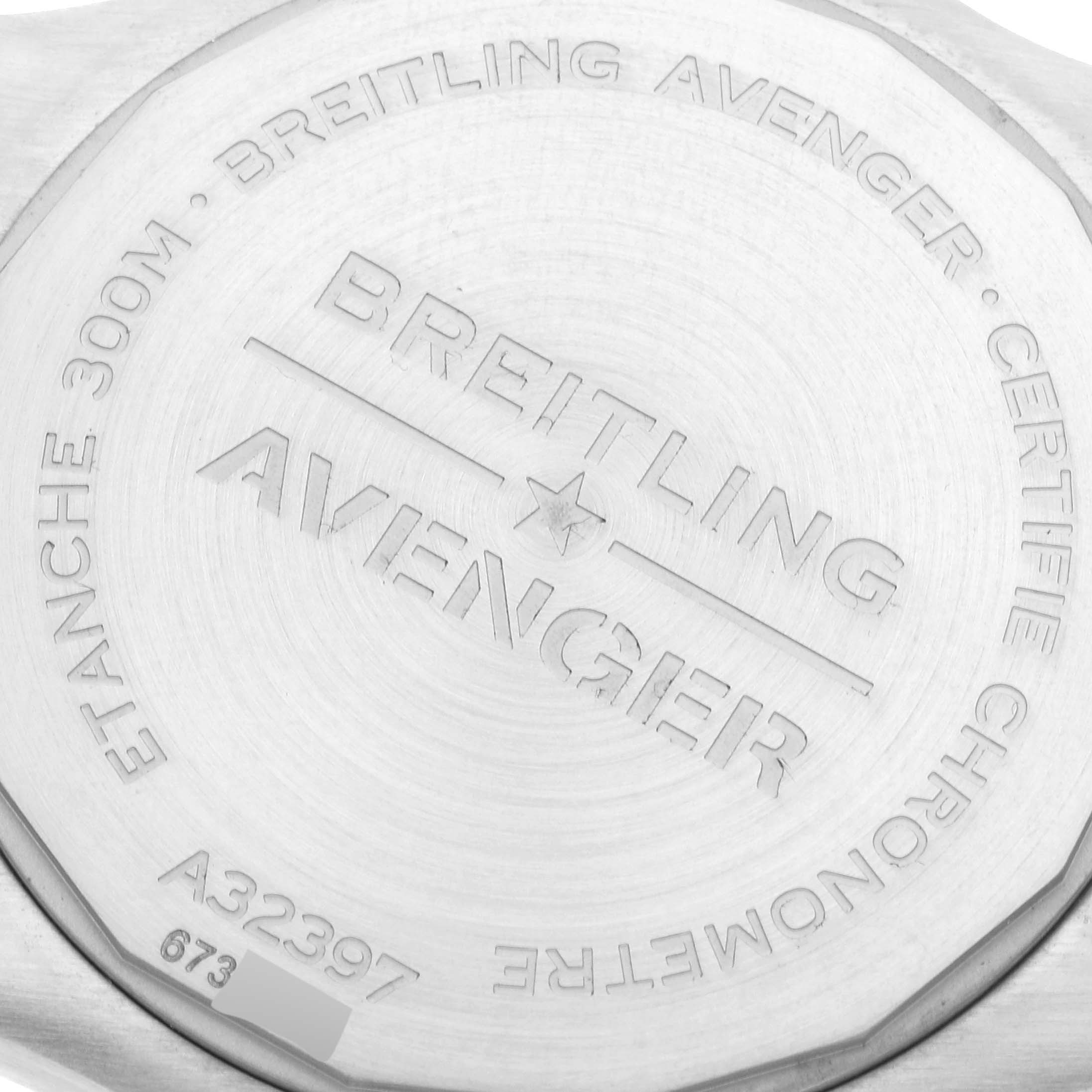 This image shows the back case of a Breitling Chronomat A32397 Men
s Stainless Steel White Dial A32397 Men
s Stainless Steel White Dial Avenger watch at a close-up angle.