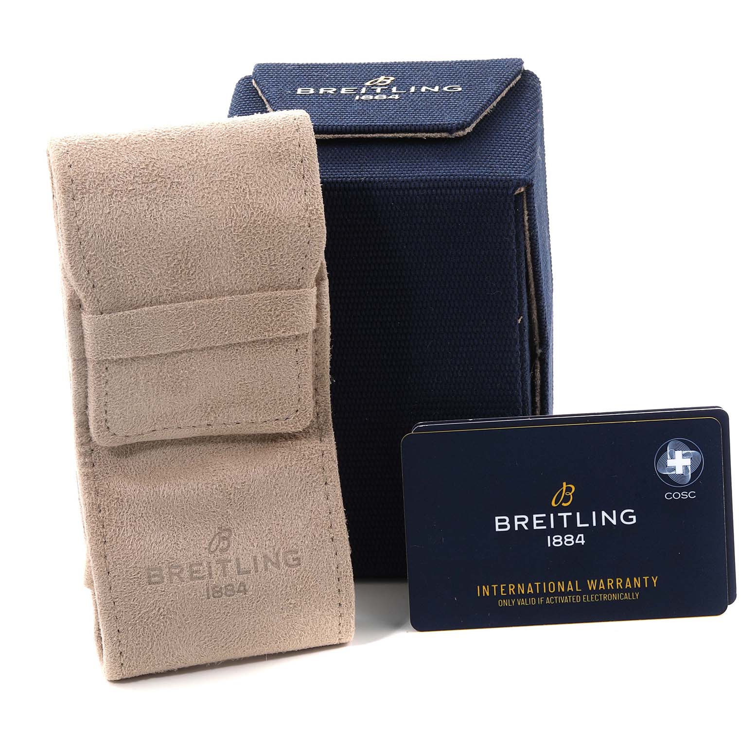 The image shows a Breitling Chronomat A32397 Men
s Stainless Steel White Dial A32397 Men
s Stainless Steel White Dial watch case, a tan pouch, and an international warranty card.