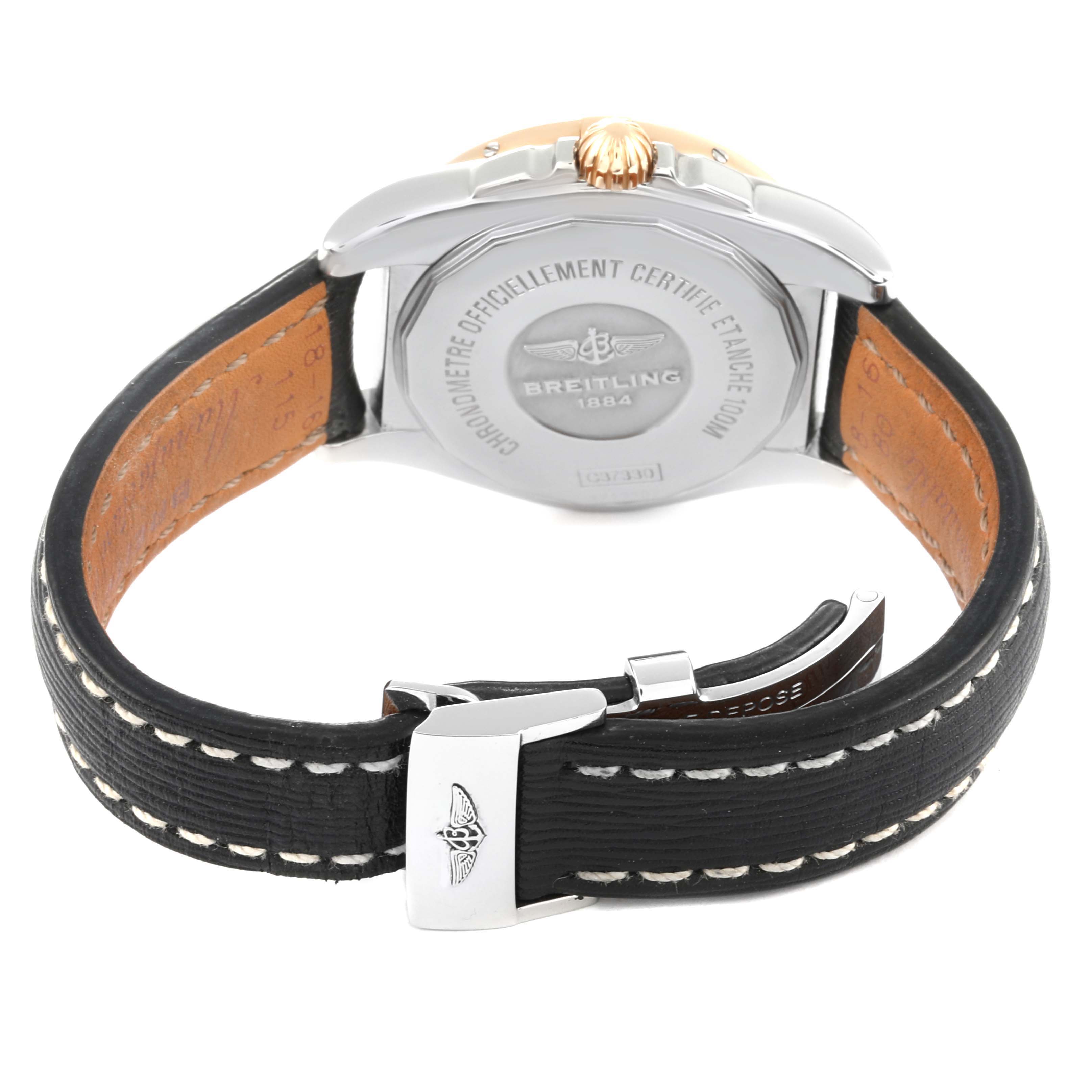 This image shows the back case, crown, and leather strap with clasp of the Breitling Galactic C37330 Men's Steel and Gold (two tone) Mother of Pearl Dial C37330 Men's Steel and Gold (two tone) Mother of Pearl Dial watch.