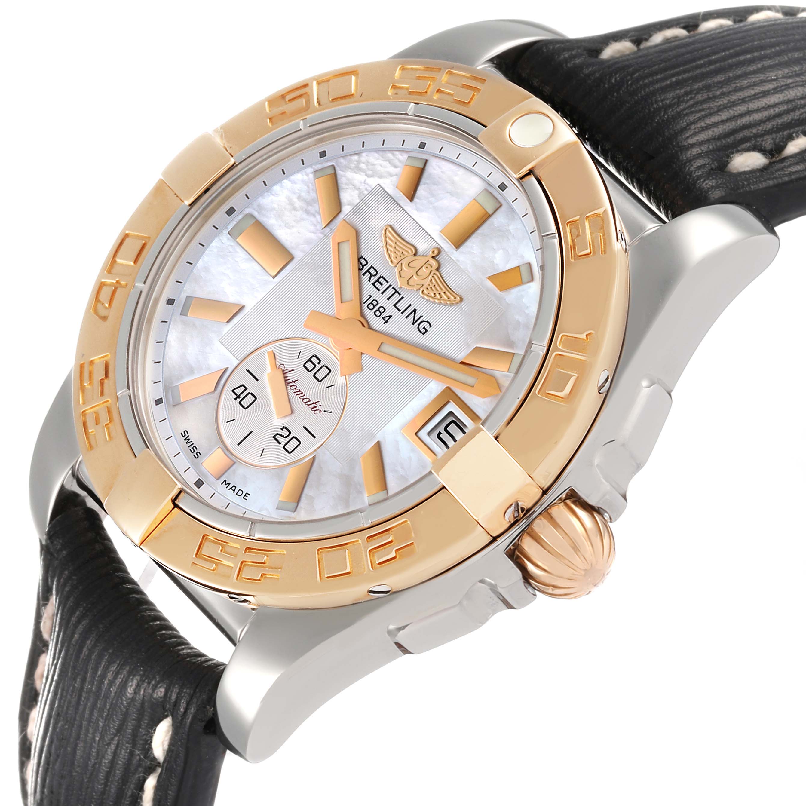 The Breitling Galactic C37330 Men's Steel and Gold (two tone) Mother of Pearl Dial C37330 Men's Steel and Gold (two tone) Mother of Pearl Dial watch is shown at an angled close-up, highlighting the bezel, dial, hands, and a portion of the strap.