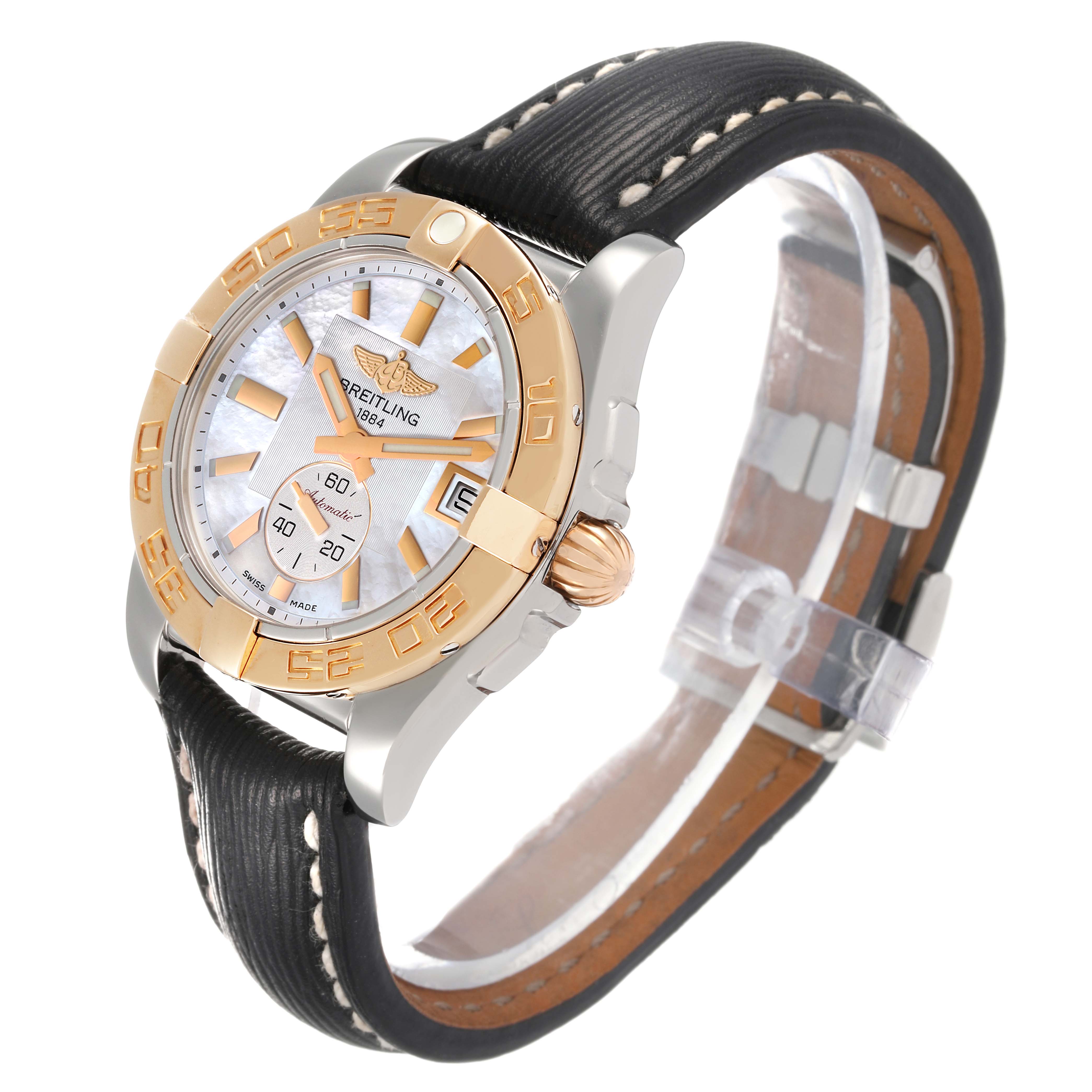 This image shows a Breitling Galactic C37330 Men's Steel and Gold (two tone) Mother of Pearl Dial C37330 Men's Steel and Gold (two tone) Mother of Pearl Dial watch at a three-quarter angle, highlighting its face, bezel, strap, and crown.