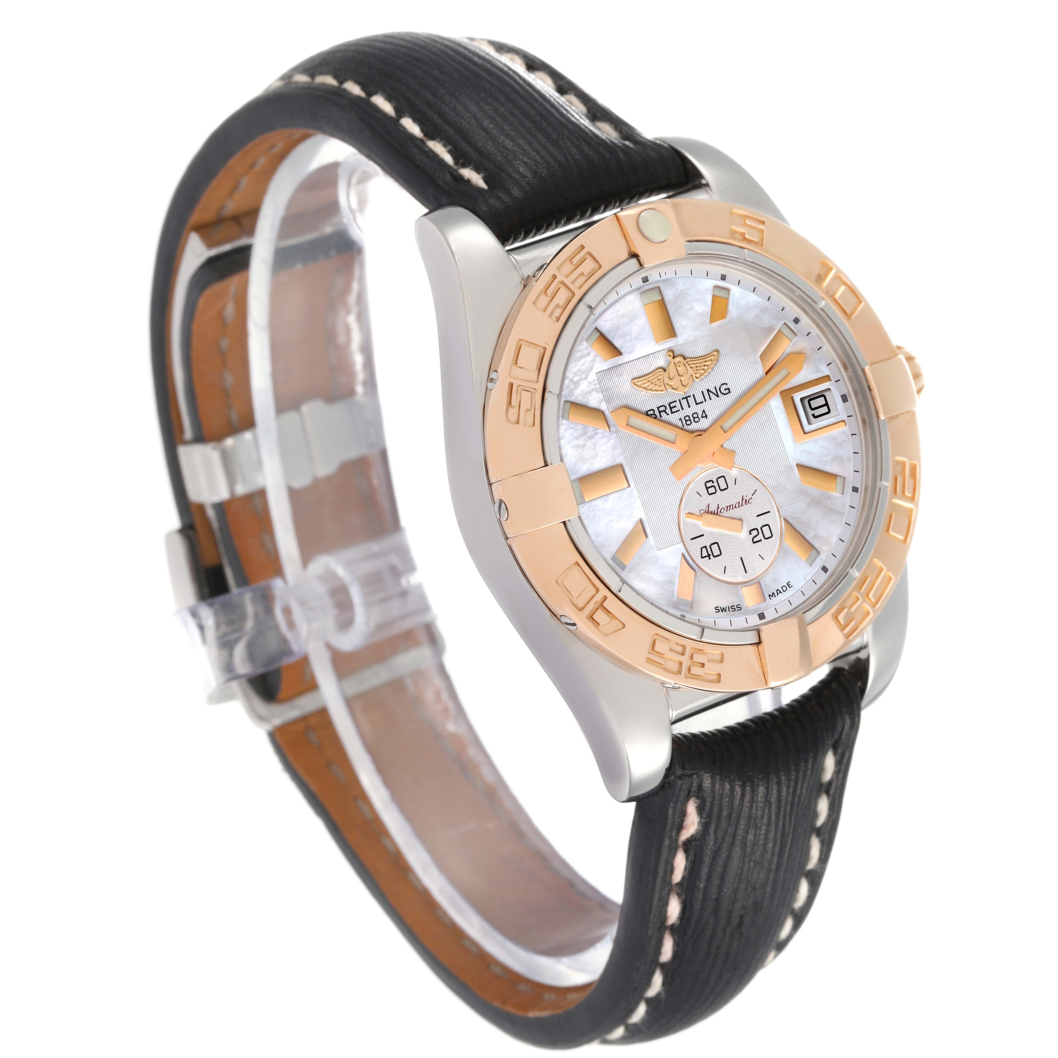 This image shows a side-angle view of the Breitling Galactic C37330 Men's Steel and Gold (two tone) Mother of Pearl Dial C37330 Men's Steel and Gold (two tone) Mother of Pearl Dial watch, highlighting its face, bezel, and black leather strap.