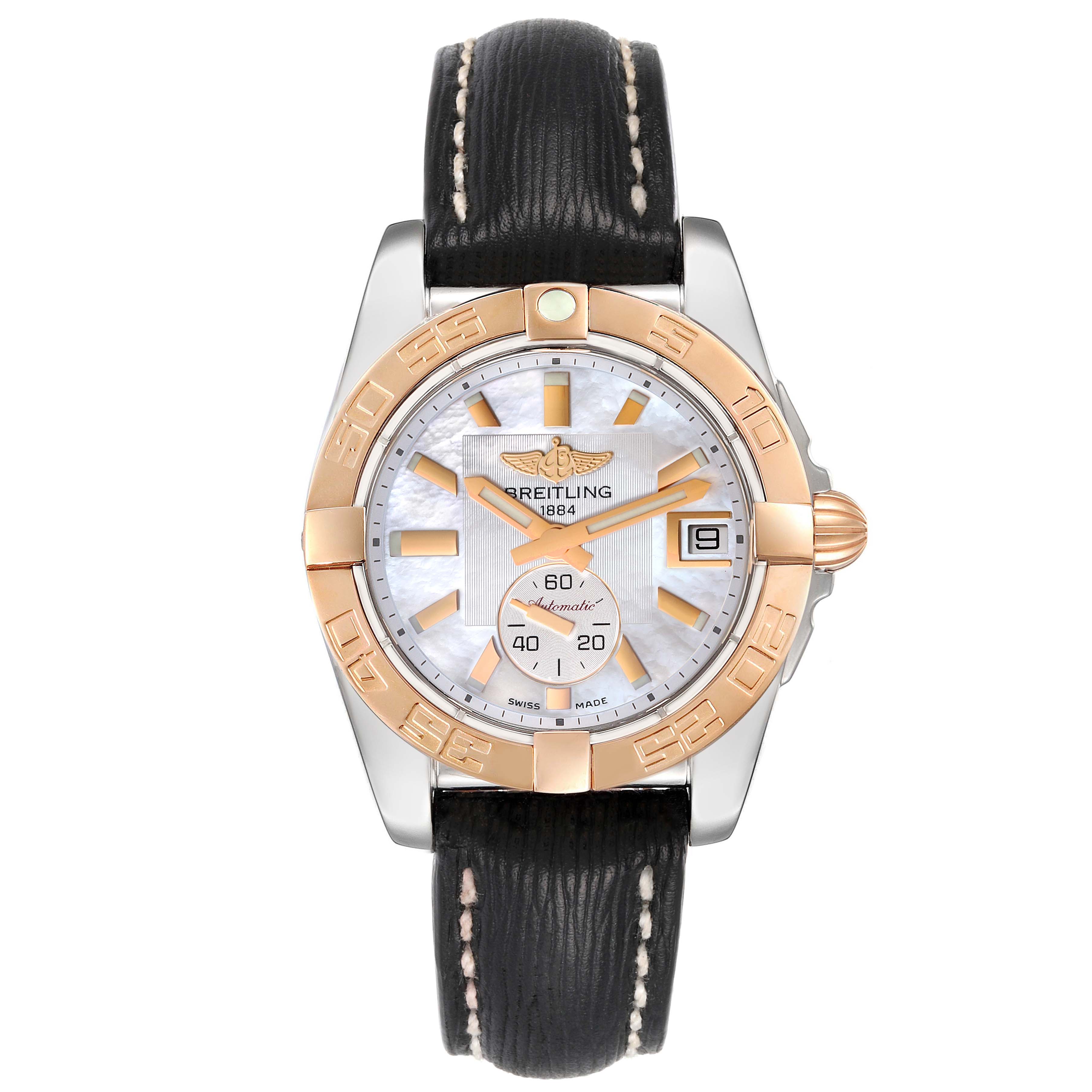 The Breitling Galactic C37330 Men's Steel and Gold (two tone) Mother of Pearl Dial C37330 Men's Steel and Gold (two tone) Mother of Pearl Dial watch is shown from a front angle, featuring the dial, bezel, crown, and leather strap.