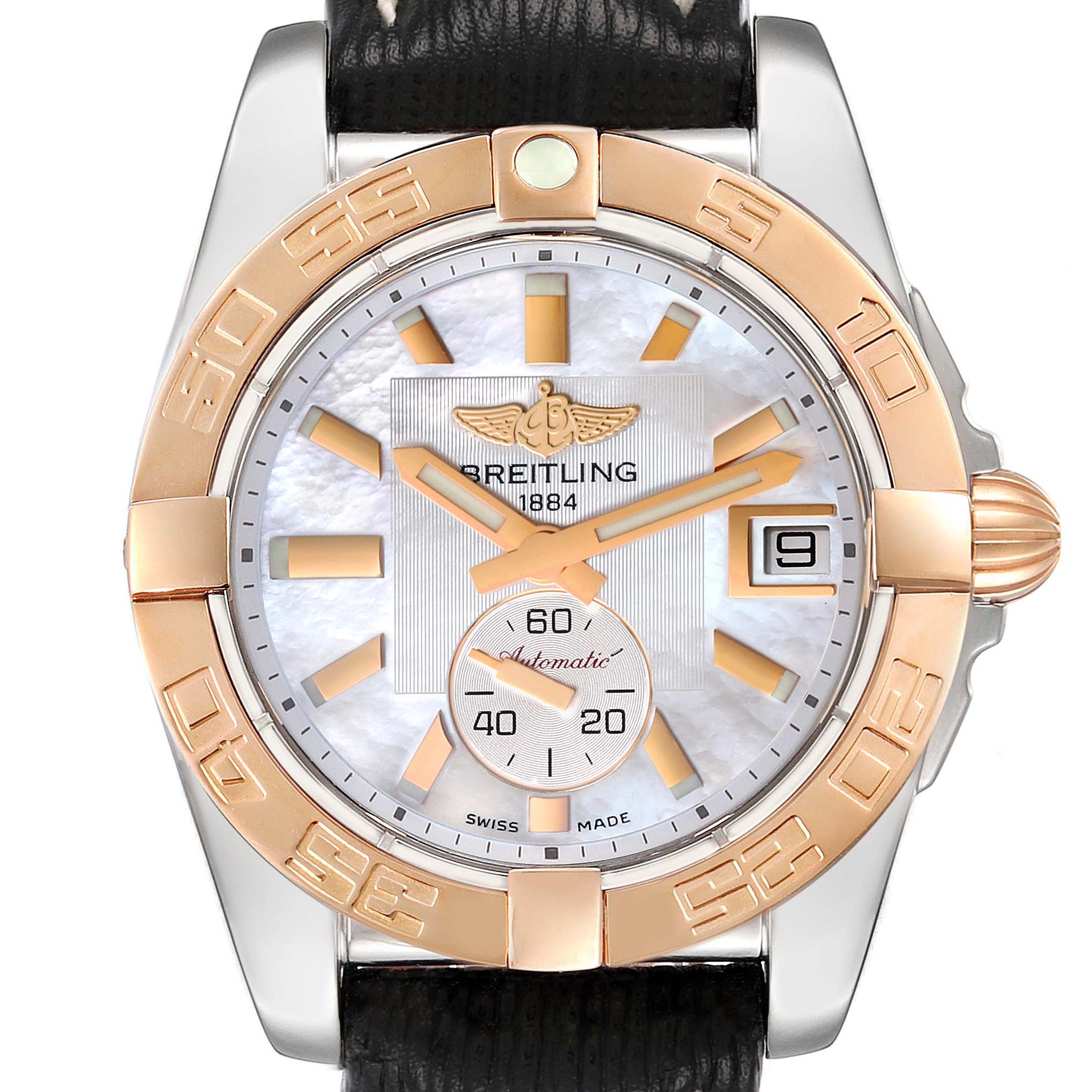 This image shows the front face of the Breitling Galactic C37330 Men's Steel and Gold (two tone) Mother of Pearl Dial C37330 Men's Steel and Gold (two tone) Mother of Pearl Dial model watch, highlighting its dial, bezel, and strap.