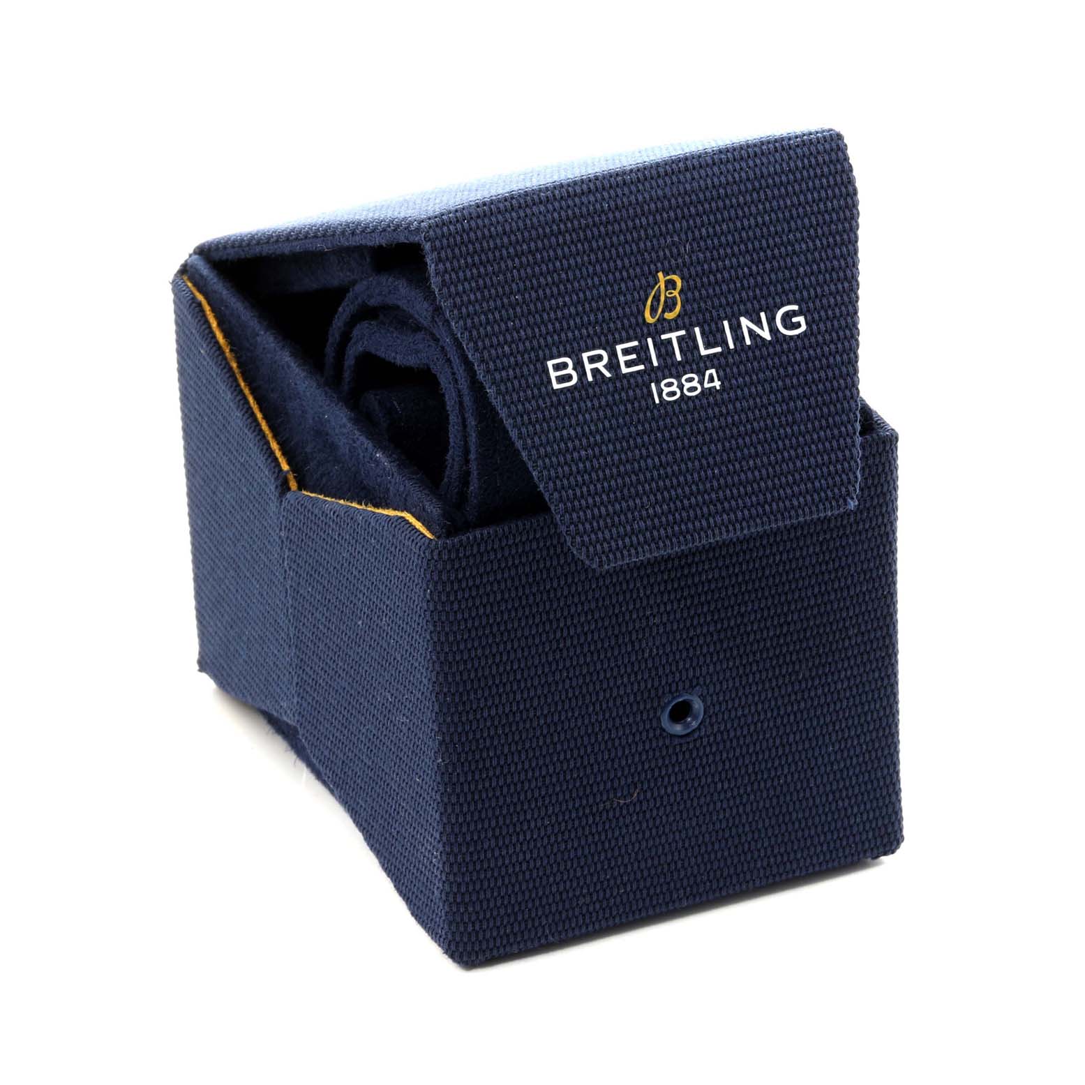 This image shows a Breitling box, likely for the Galactic model, partially open with its logo visible.