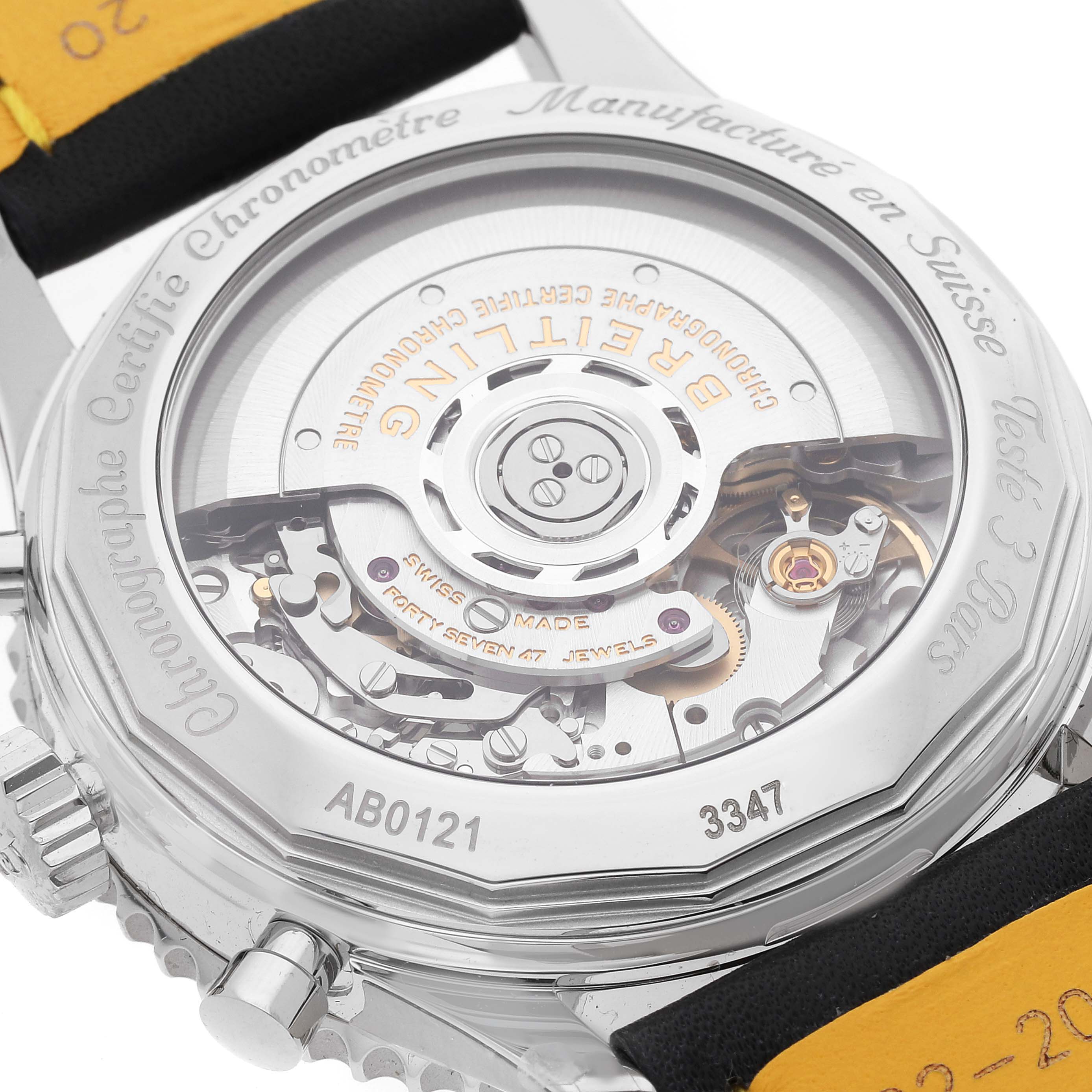 This shows the back of a Breitling Navitimer AB0121 Men's Stainless Steel Black Dial AB0121 Men's Stainless Steel Black Dial watch, focusing on its automatic movement and engraved details.