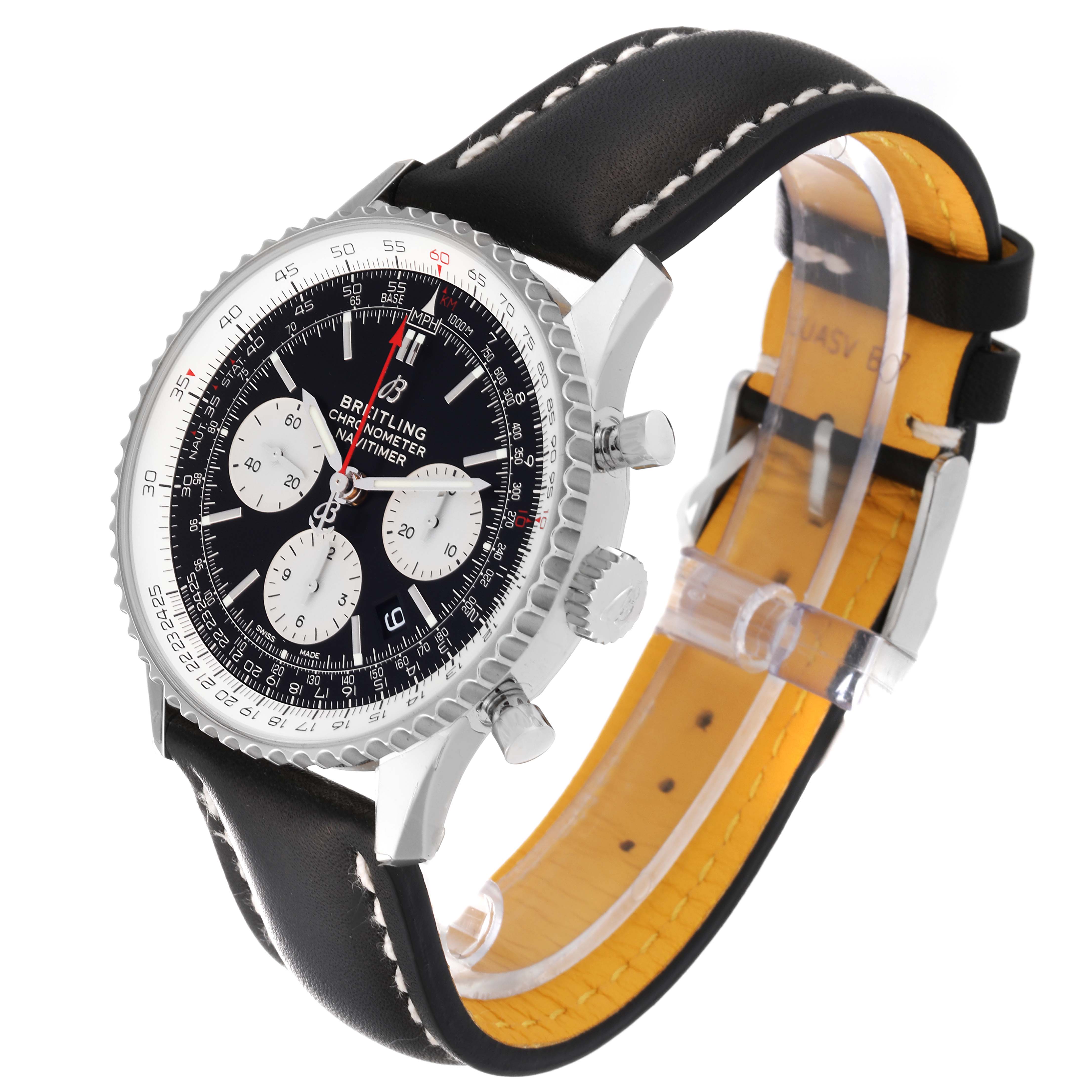 The Breitling Navitimer AB0121 Men's Stainless Steel Black Dial AB0121 Men's Stainless Steel Black Dial watch is shown at a 3/4 angle, highlighting the black dial, bezel, crown, pushers, and leather strap.