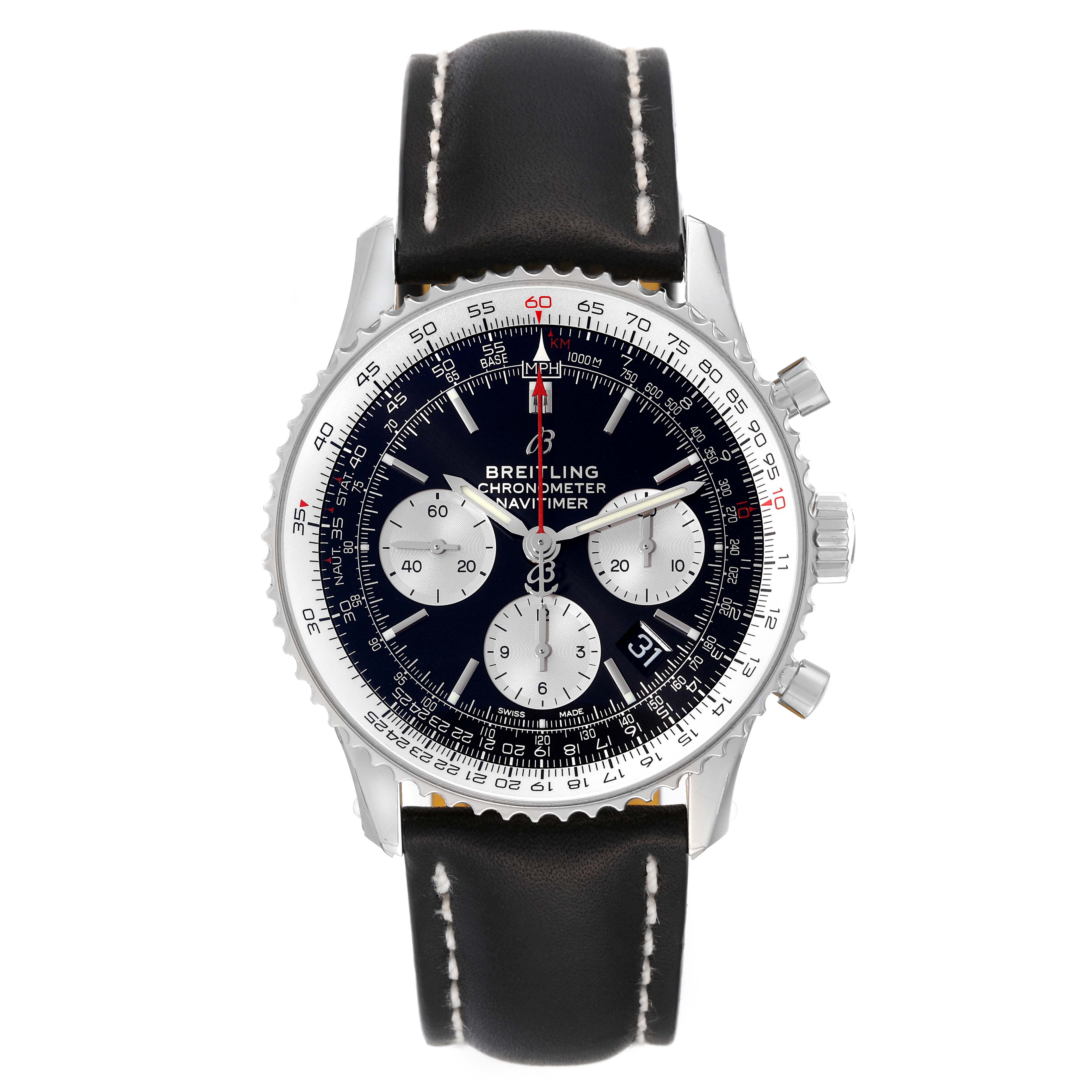 The Breitling Navitimer AB0121 Men's Stainless Steel Black Dial AB0121 Men's Stainless Steel Black Dial watch is shown from a top-down angle, displaying its face, bezel, chronograph, and leather strap.