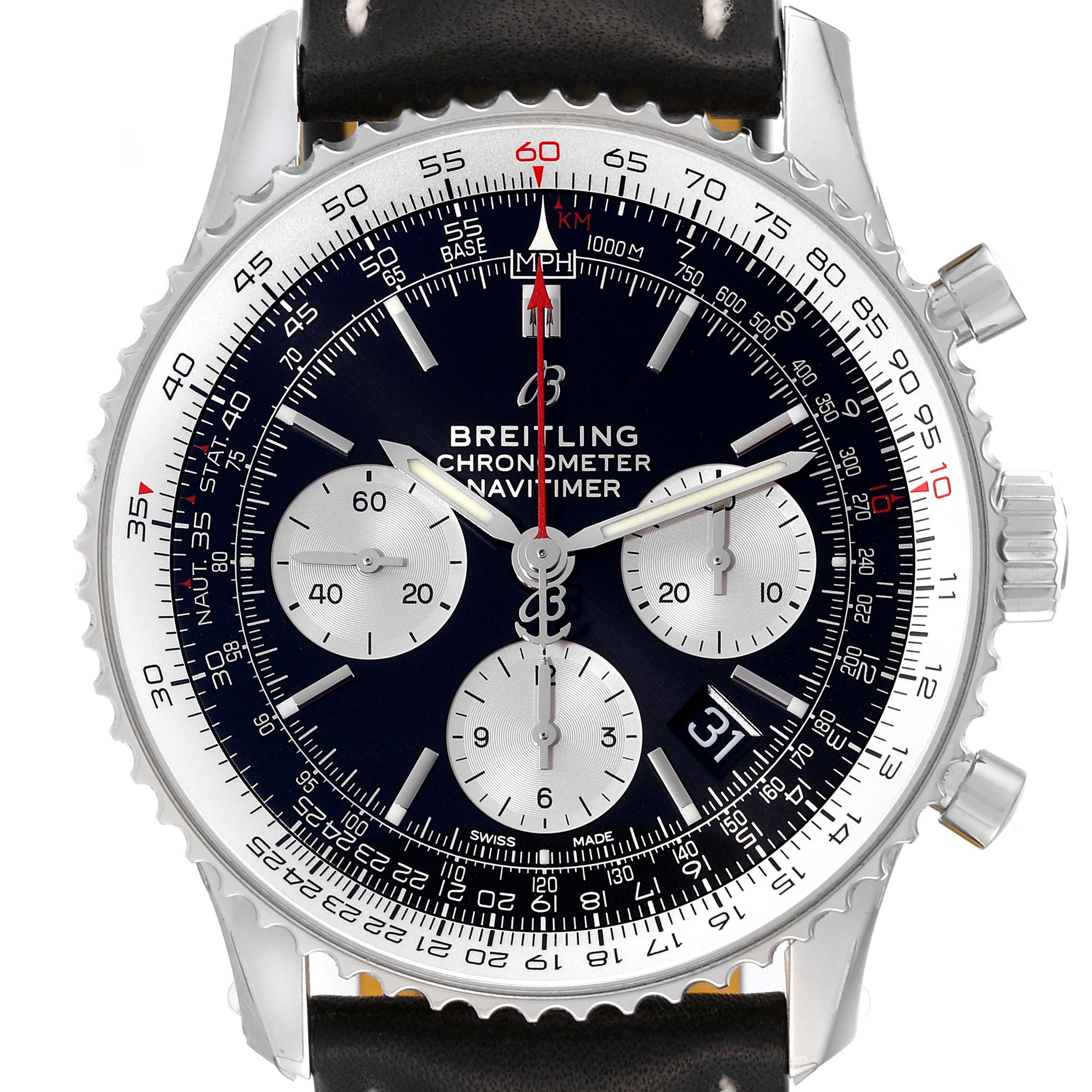 The image shows a close-up front view of a Breitling Navitimer AB0121 Men's Stainless Steel Black Dial AB0121 Men's Stainless Steel Black Dial watch with its dial, bezel, and chronograph subdials visible.