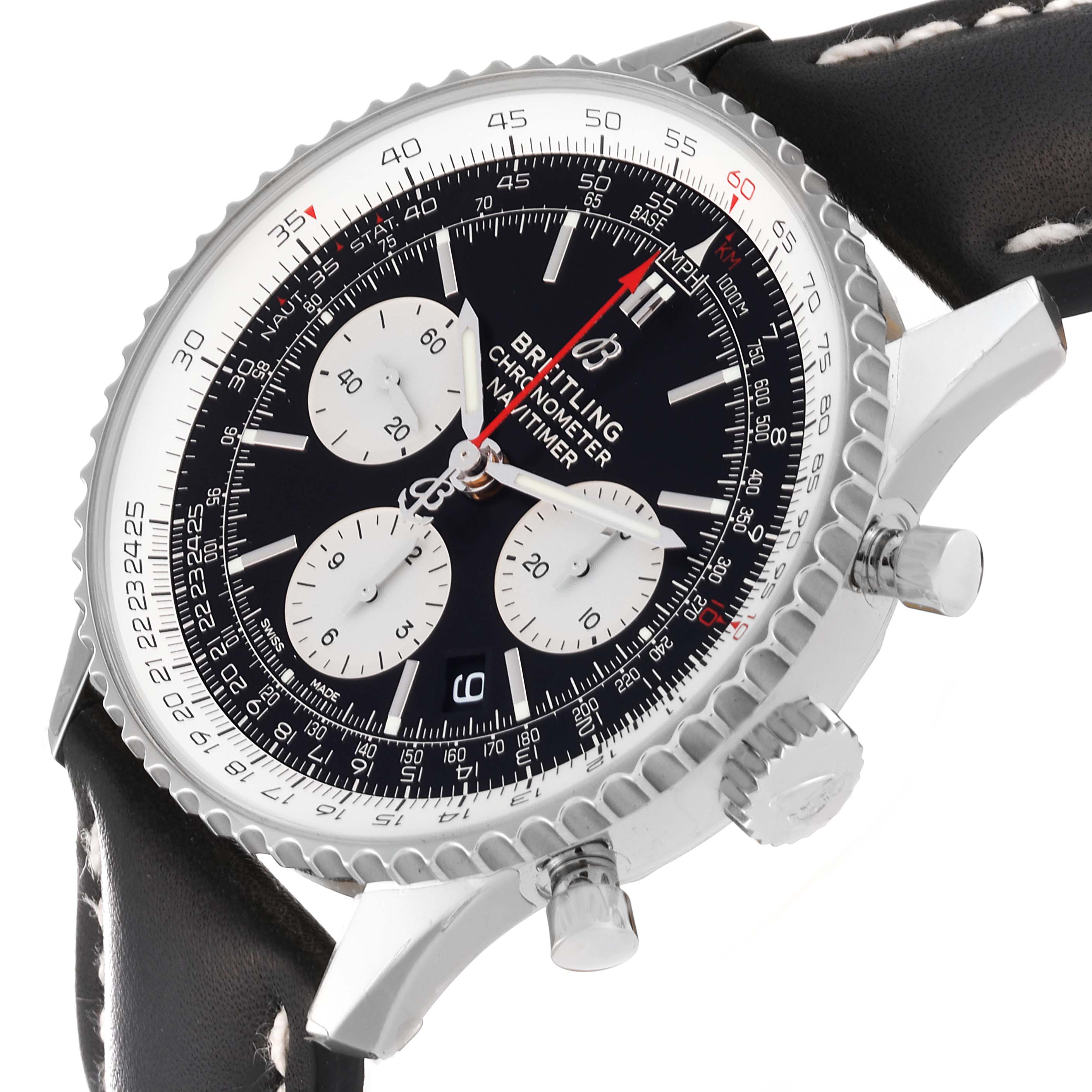 The Breitling Navitimer AB0121 Men's Stainless Steel Black Dial AB0121 Men's Stainless Steel Black Dial watch is shown at an angle, highlighting the dial, bezel, crown, and pushers.