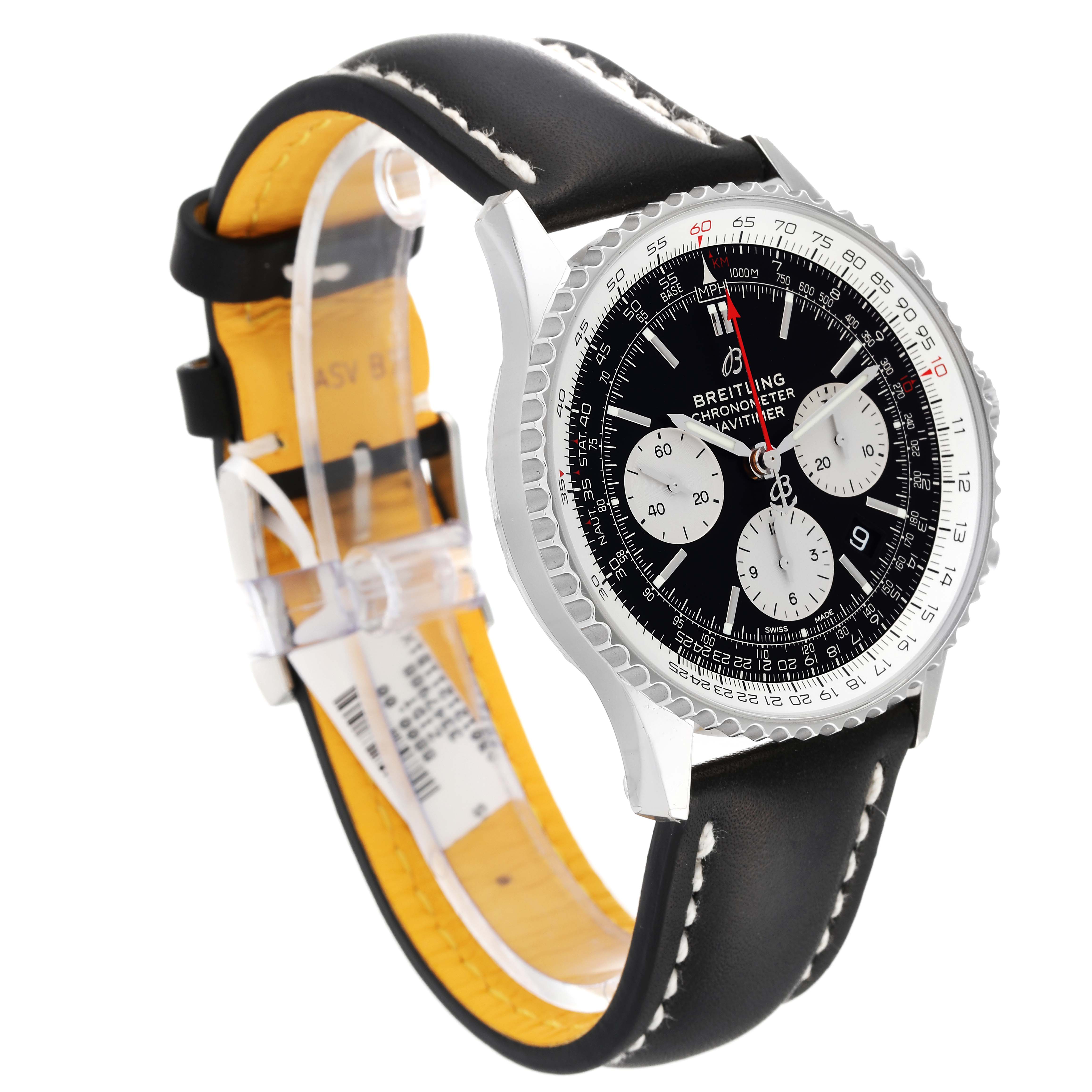 The Navitimer by Breitling is shown at an angled side view, displaying the watch face, bezel, and black leather strap.