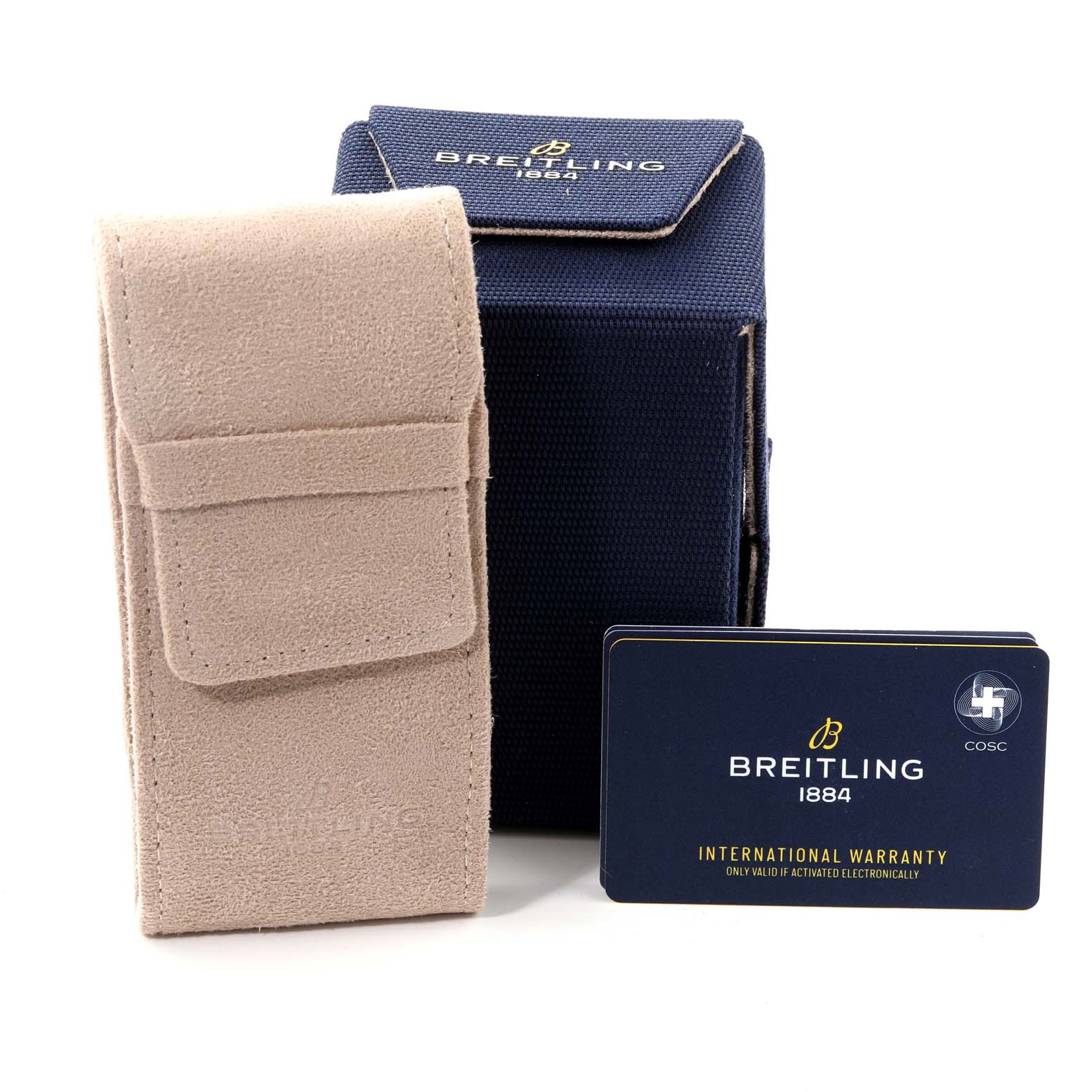 The image shows the packaging, warranty card, and a beige travel pouch for the Breitling Navitimer AB0121 Men's Stainless Steel Black Dial AB0121 Men's Stainless Steel Black Dial watch.