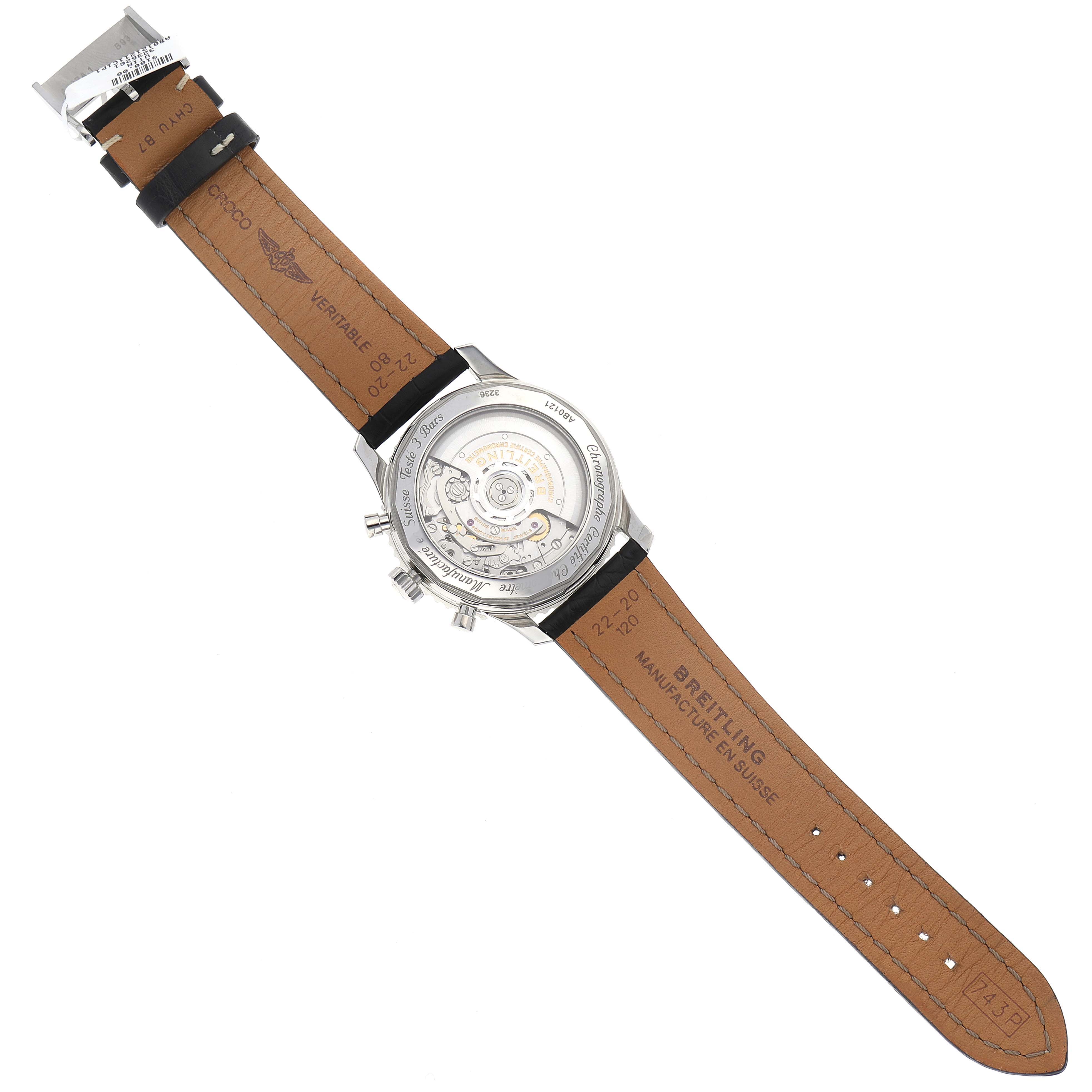 This image shows the back view of the Breitling Navitimer AB0121 Men
s Stainless Steel Blue Dial AB0121 Men
s Stainless Steel Blue Dial watch, displaying the leather strap and exposed mechanical movement.