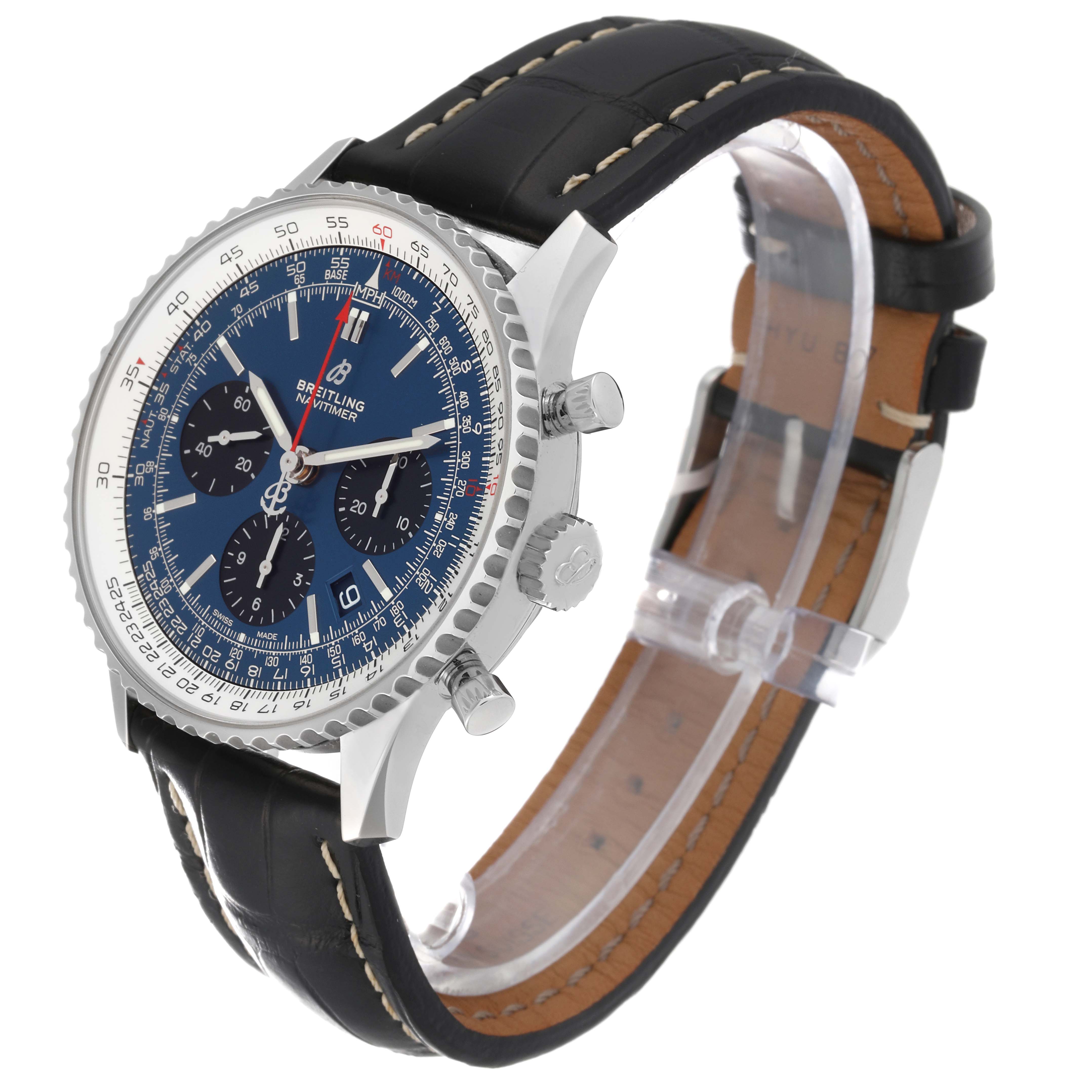 The Breitling Navitimer AB0121 Men
s Stainless Steel Blue Dial AB0121 Men
s Stainless Steel Blue Dial watch is shown at a three-quarter angle, displaying the face, bezel, crown, pushers, and strap.